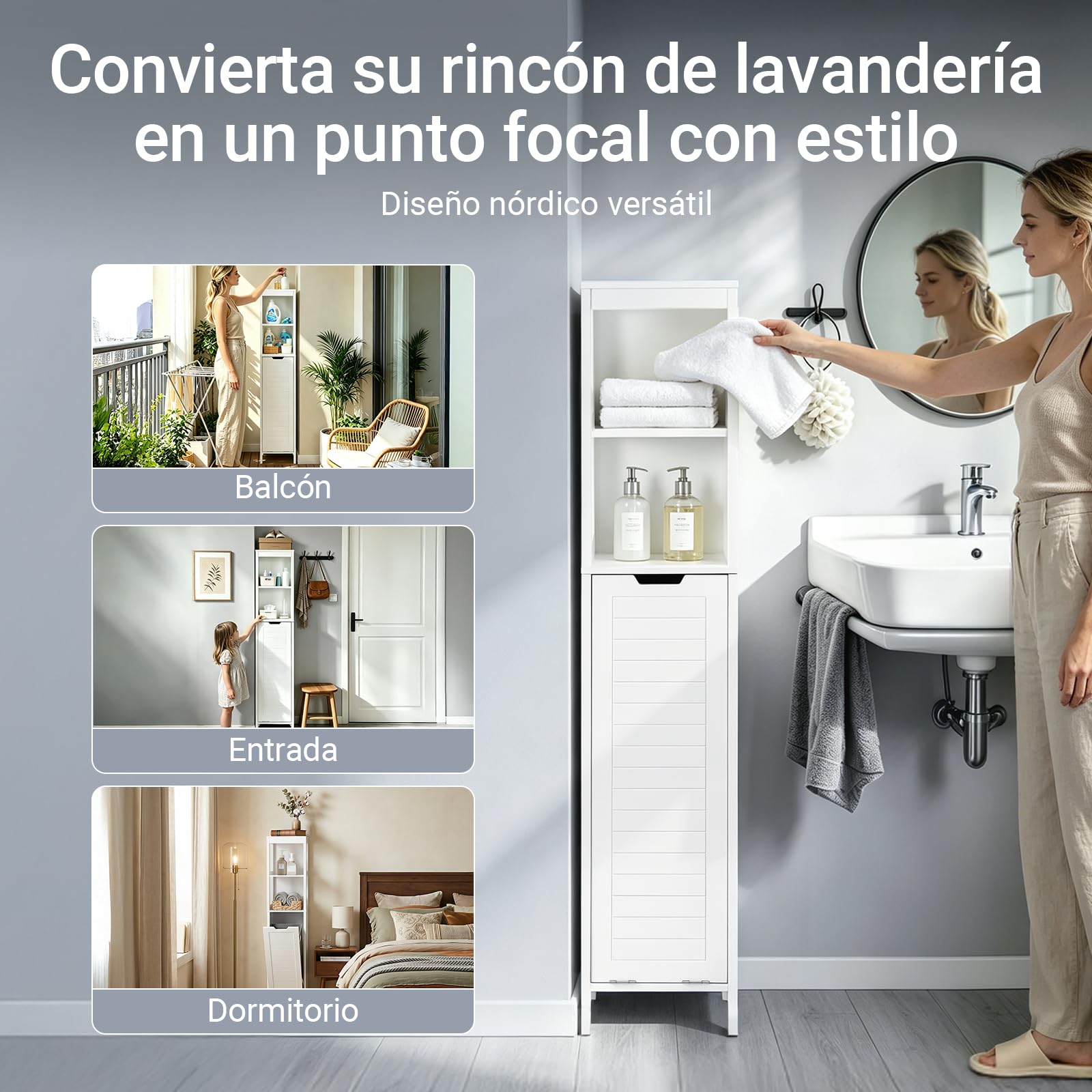 SoBuy Mueble Baño Estrecho con Cesto para Ropa Sucia 30x30x145 cm | Armario Baño, Columna con Estantes Abiertos & Compartimento Abatible, Mueble Auxiliar Blanco BZR123-W