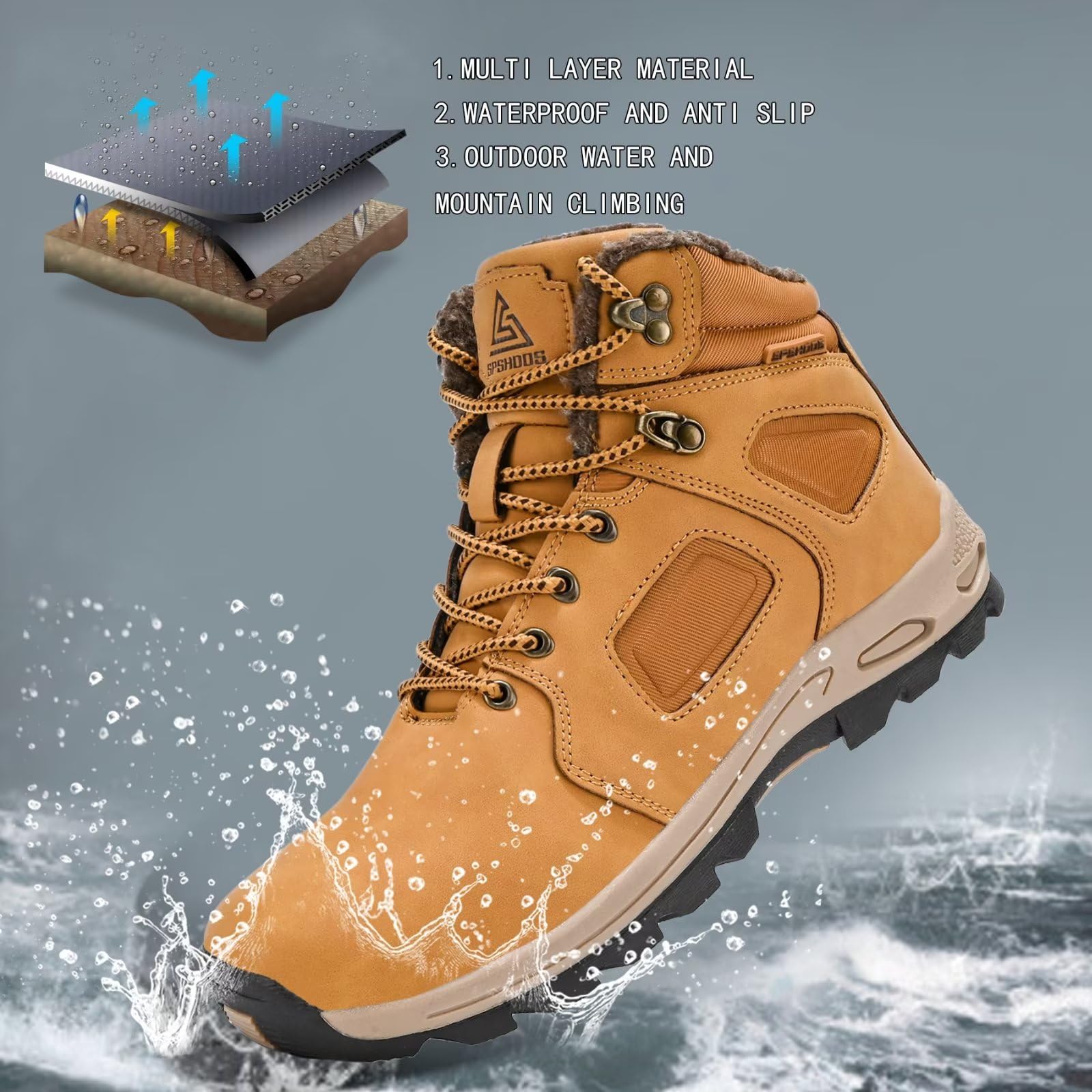 Hombre Botas de Nieve Impermeable Botas de Invierno Forro Piel Zapatillas Trekking Senderismo Sneakers