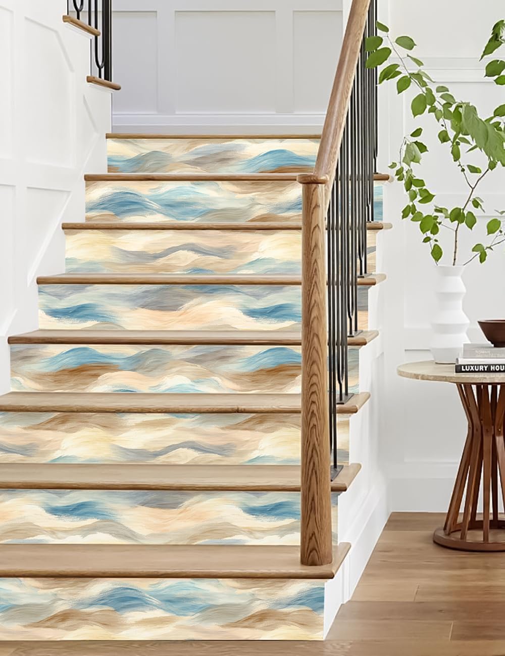 HAOKHOME Coastal Peel and Stick Wallpaper Watercolor Wave Removable Sand Contact Paper for Bathroom Wall Decor Self Adhesive Abstract Ocean Inspired Vinyl 17.3in x 118in