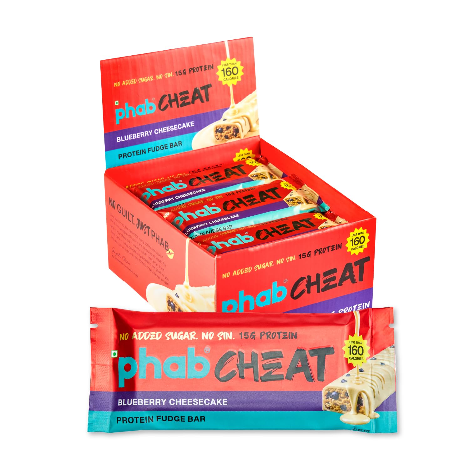 Phab Cheat Protein Bar – Blueberry Cheesecake | High Protein Snack (15g) | No Added Sugar | Low Calorie Fudge Bar | Healthy Guilt-Free Snack | Pack 12-50g each-image-21