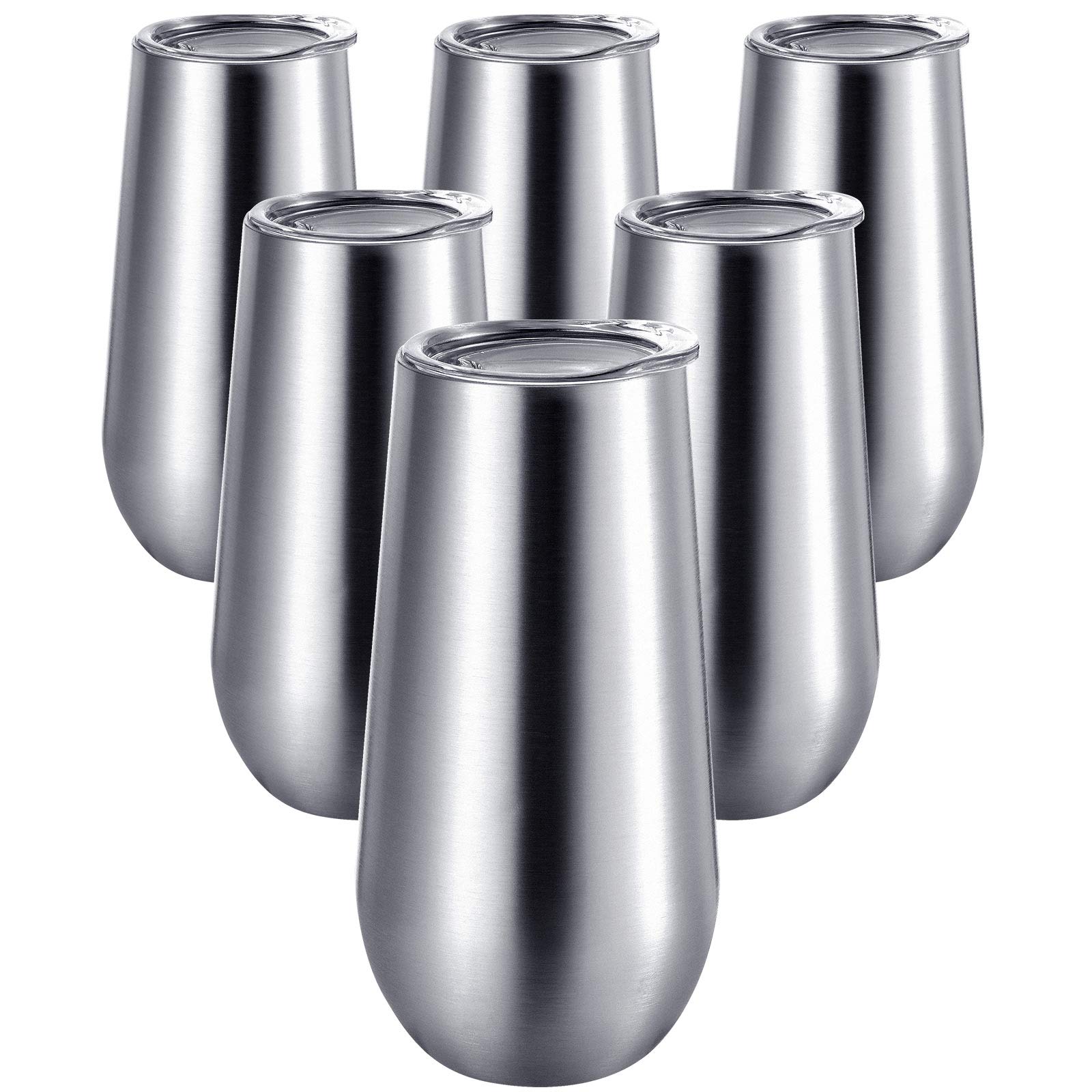 6 Pieces Stemless Champagne Flutes Double-insulated Champagne Tumbler with Lips, 6 OZ Stainless Steel Unbreakable Cocktail Cups for Coffee Wine Glass Tumbler (Silver)