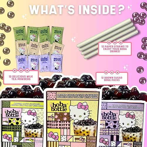 Miniatura 2 de Hello Kitty Instant Boba Milk Tea - Kit variado de té con leche, azúcar morena, taro, sabor a juego, con perlas de tapioca de Taiwán, pajitas de