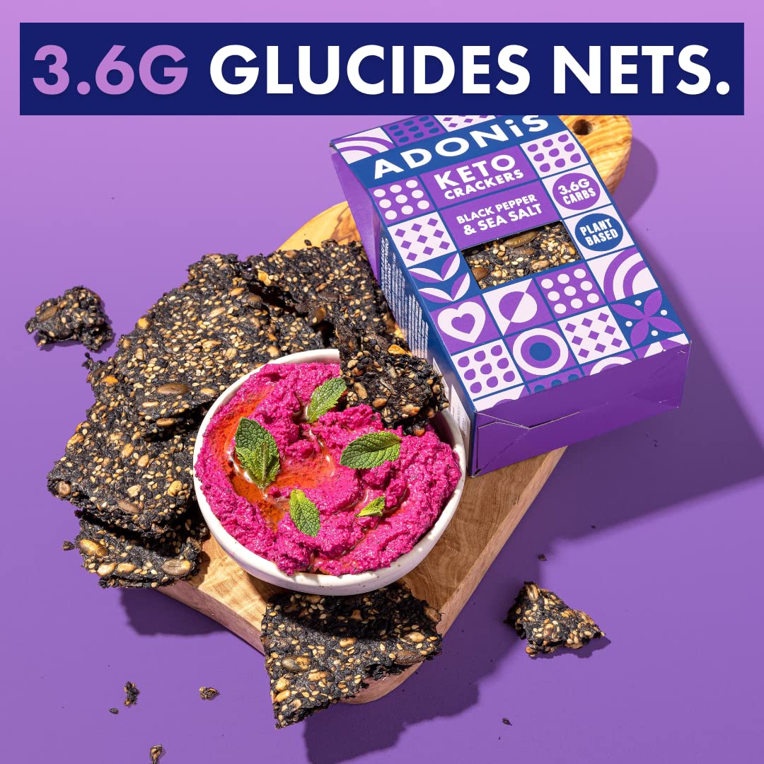 Craquantes Adonis Keto Olive et Graines de Chia (lot de 10 cracker de 60g) | Végétalien et Keto l 100% Naturel (Poivre Noir & Sel Marin)