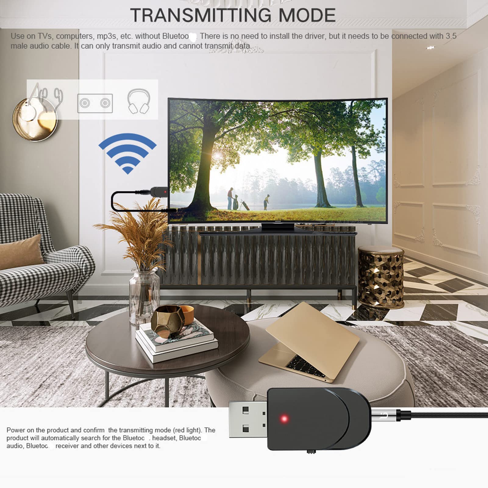 USB Bluetooth 5.0 Adapter for PC, Portable Bluetooth Transmitter Receiver, 2 in 1 Hands Call Stereo Bluetooth AUX Adapter for Car TVs