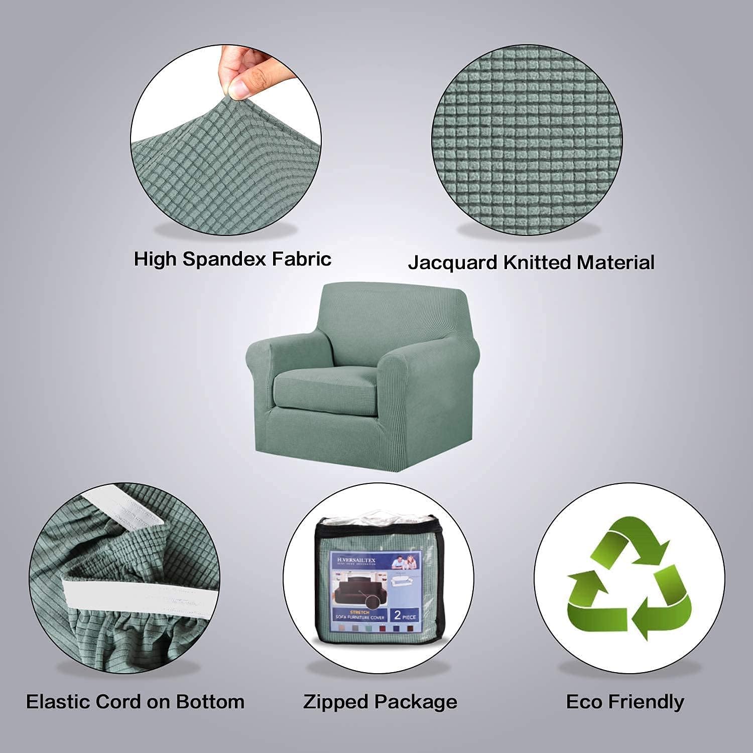 H.VERSAILTEX 2 Piece Sofa Cover for Armchair 32"-48" Bundle Round Ottoman Covers Ottoman Slipcovers(Medium, Sage)
