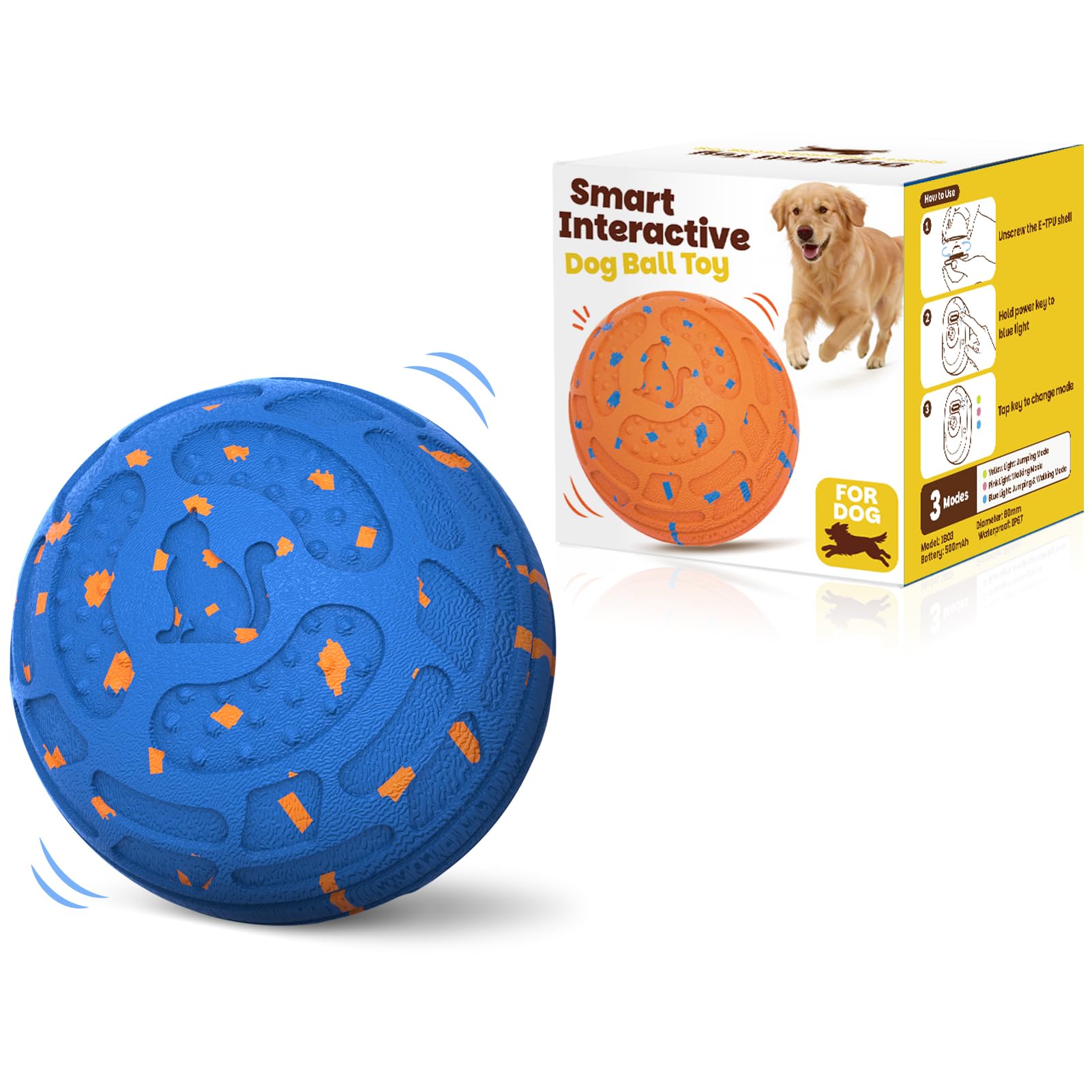 KITPLUS Smart Interactive Dog Toy Ball Automatic Moving Bouncing Rolling 3 Modes Chew-Proof E-TPU Shell Waterproof Rechargeable Dog
