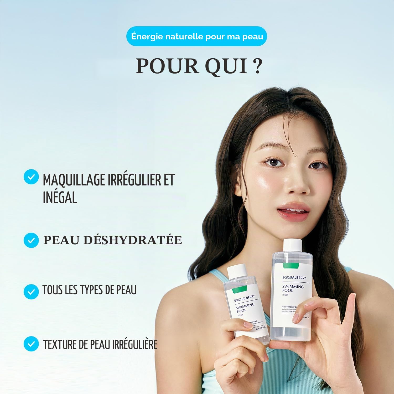EQQUALBERRY Swimming Pool Toner 155ml – Lotion Tonique Visage Hydratante aux Enzymes Naturelles et Acide Hyaluronique – Exfoliation Douce pour Peau Lisse et Confortable