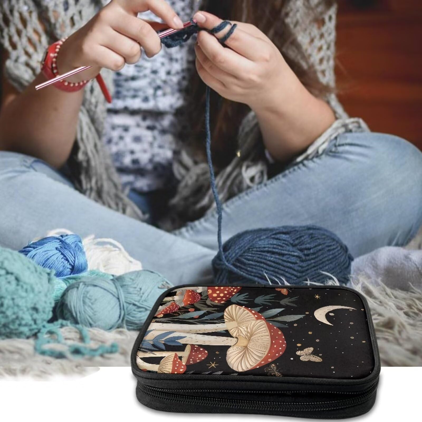 Hinthetall Big Mushroom Knitting Needle Organizer Case Dreamy Evening Crochet Hook Organizer Portable with Well Made Easy to Carry Needle Bag As A Choice for Holiday Present
