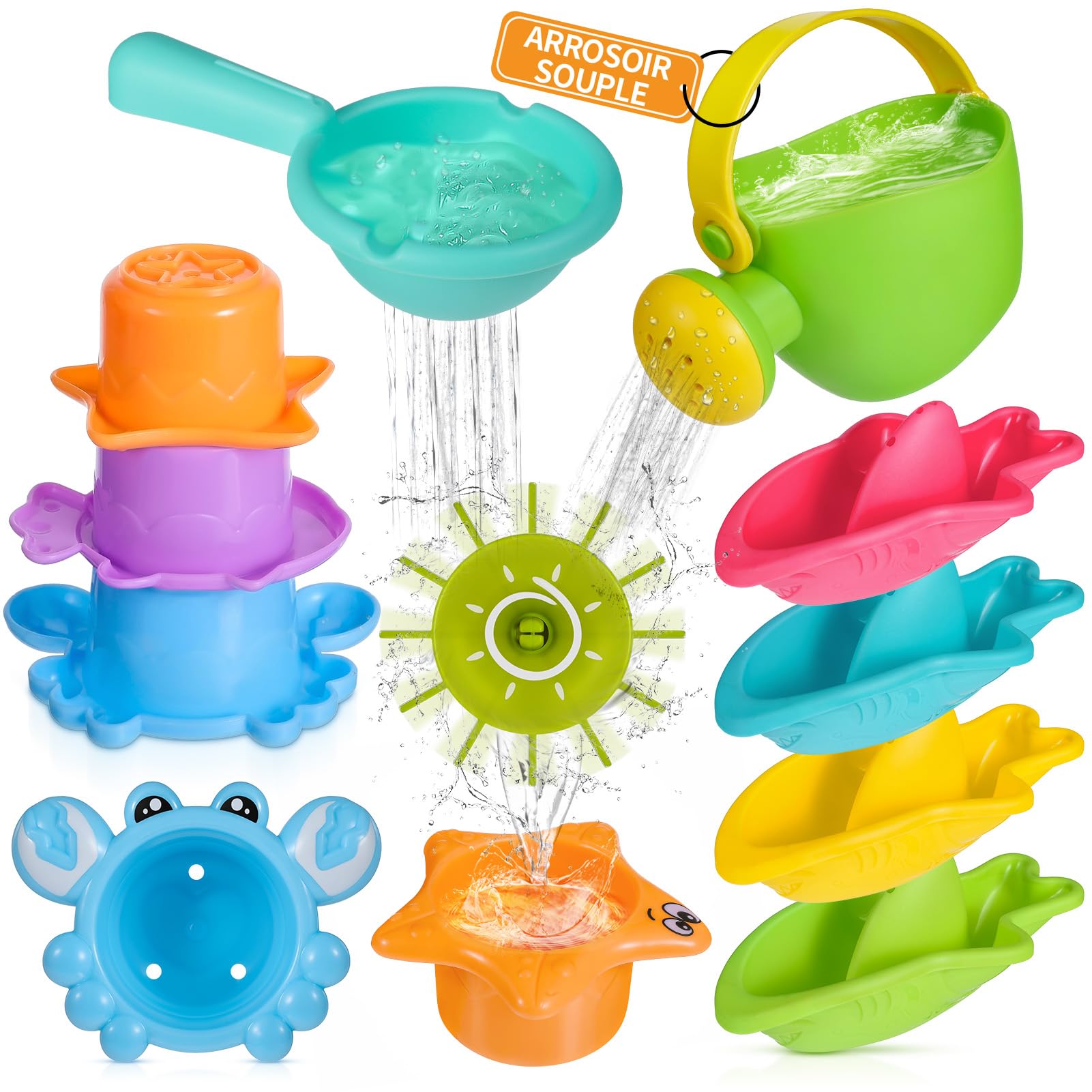 Jouet de Bain pour Bebe , Jeux Eau bébé Jeu de Bain Enfant Jouet Piscine , sans moisissures arrosoir Tasses empilables Bateaux empilables 10 pièces