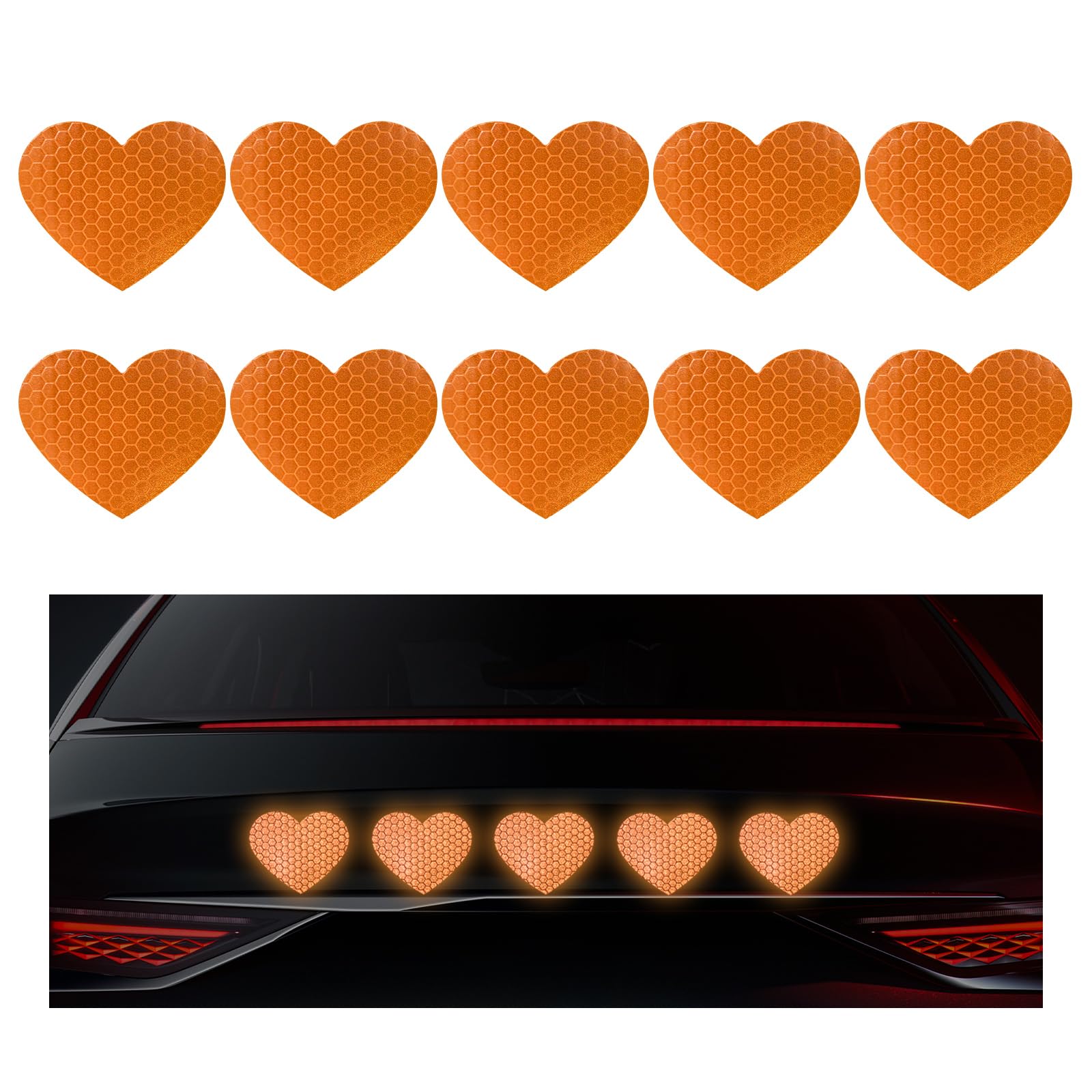 10PCS Vinyl Decal for Cars, High Intensity Reflective Sticker Night Safety Sign Bumper Decals, Waterproof Grid Vinyl Stickers Scratch Cover for Auto Window Laptop (Heart, Orange)