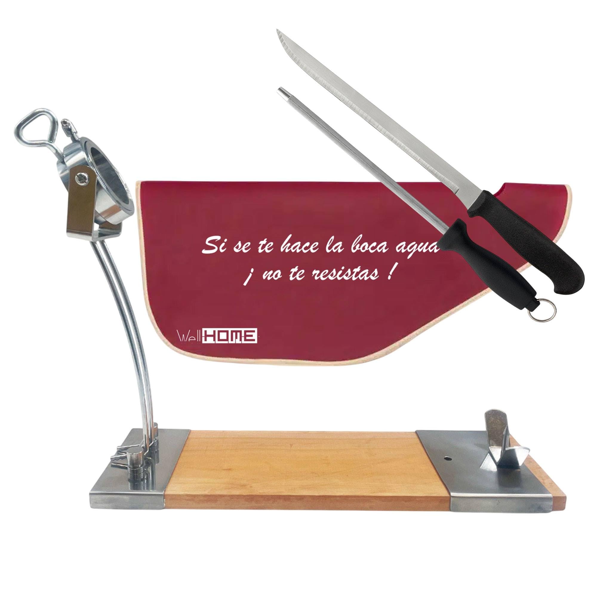 Well Home Jamonero IBERIA Luxe en madera y acero inox + Set de cuchillo jamonero (25cm) y Chaira (21cm) + Funda para Jamón 'Tiberic' Burdeos