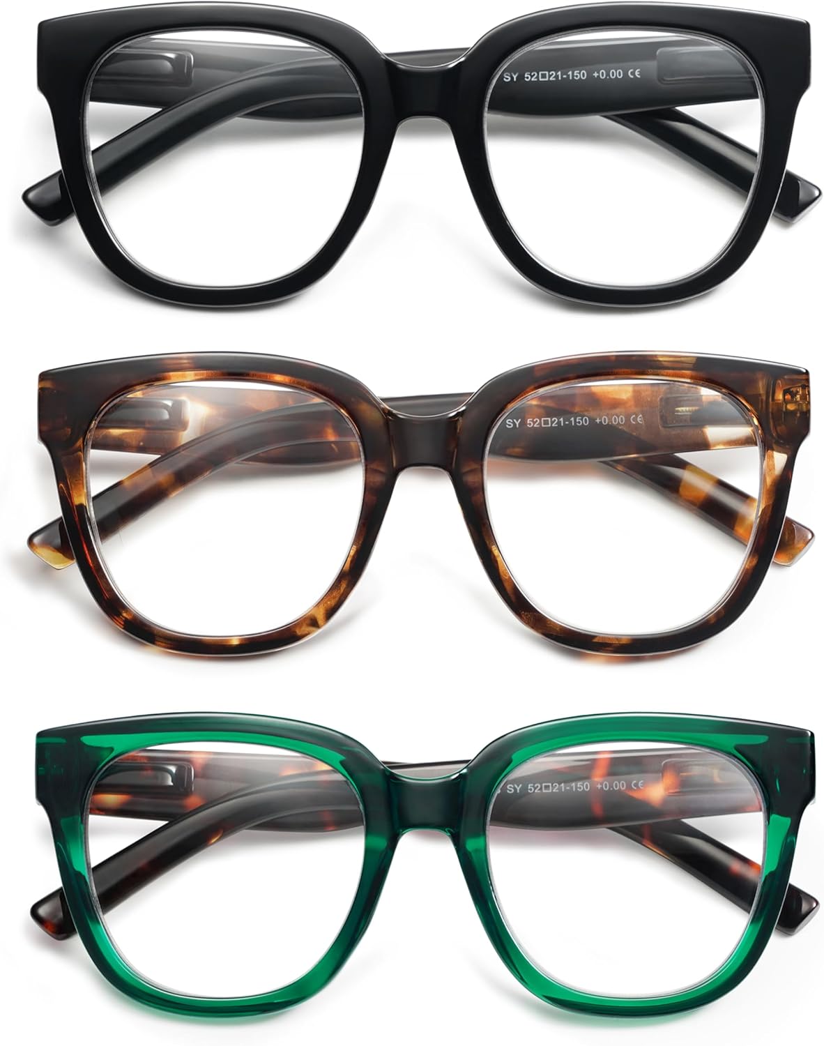 AMOMOMA 3 Pack Oversized Square Reading Glasses for Women,Stylish Retro Cute Blue Light Computer Womens Readers AM6122