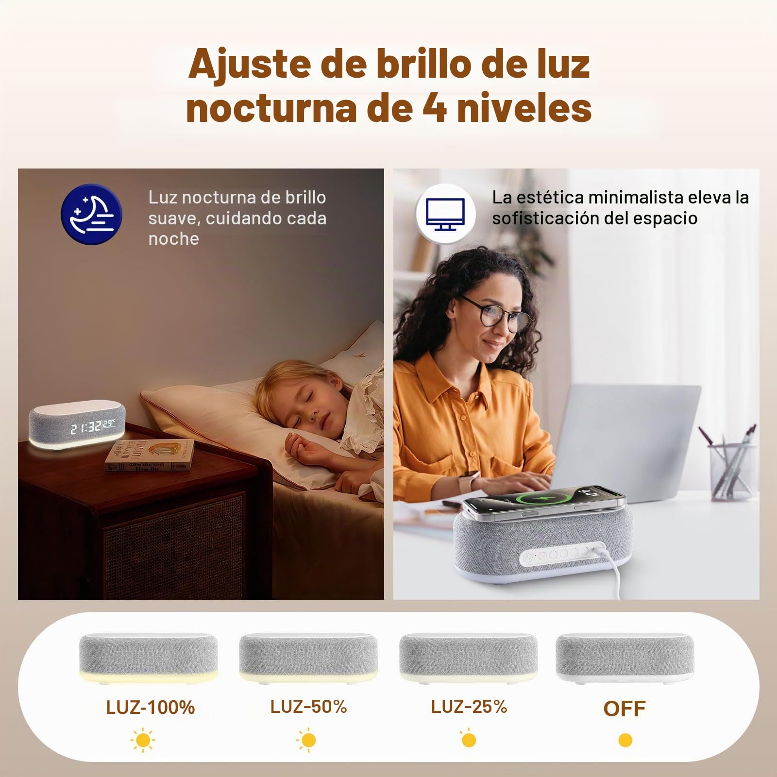 Despertador Digital 4 en 1, Cargador Inalámbrico, Despertador Inteligente con indicador de luz y Temperatura, Brillo Ajustable