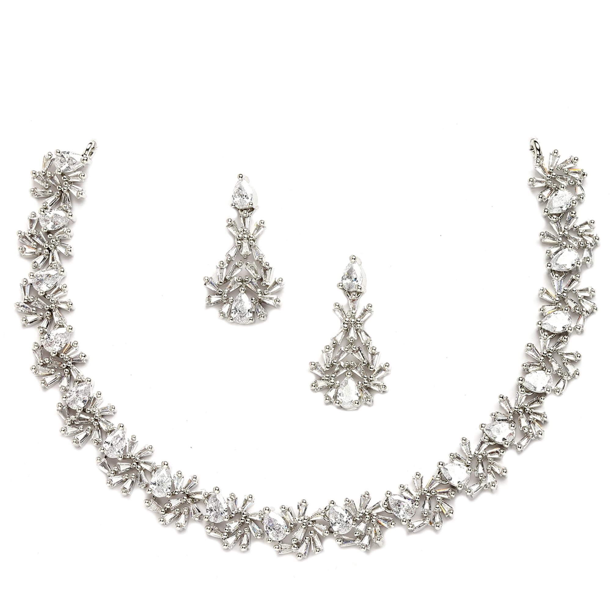 Rhodium-Plated with Silver-Toned Floral and Pear Design White American Diamond Studded Jewellery Set-image-6