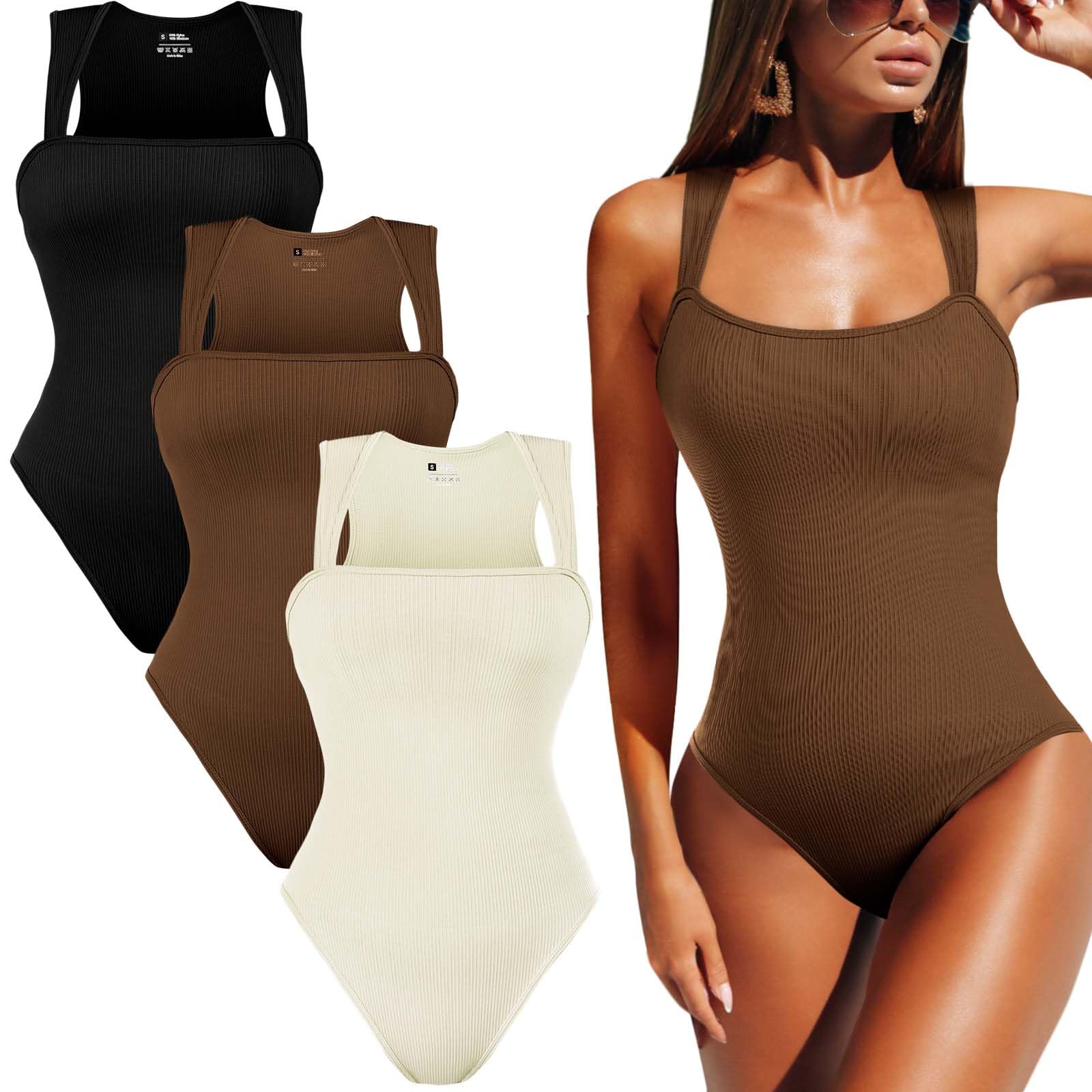 Photo 1 of 3 Pack Women's Bodysuits Ribbed Square Neck Thong Bodysuits Basic Stretch Sleeveless Tummy Control Tank Top Bodysuit Large Black, Coffee, Beige