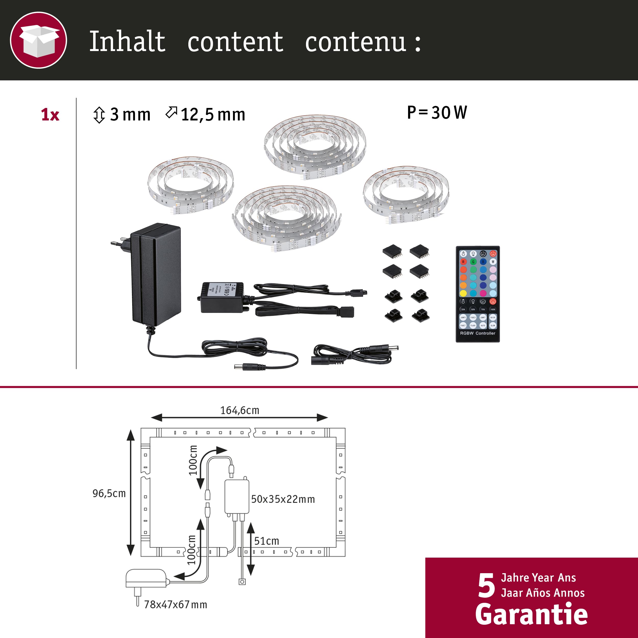 Paulmann 78877 MaxLED 250 LED Strip TV Comfort Basisset 75 Zoll 5,1m 25,5W 230lm/m 28LEDs/m RGBW+ 36VA dimmbar
