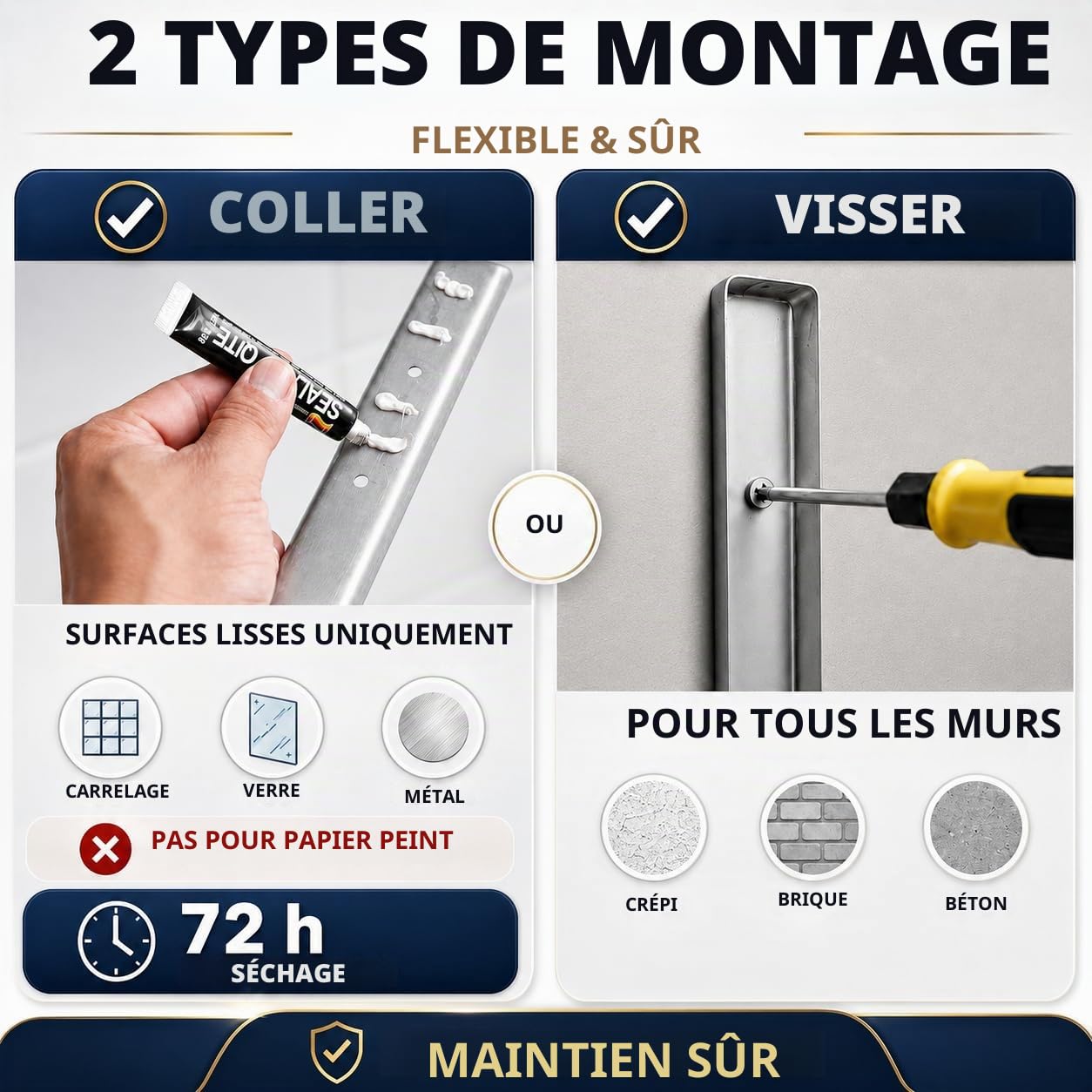 Porte-serviettes mural de qualité supérieure en acier inoxydable 304, porte-serviettes de bain avec beaucoup d'espace pour un séchage rapide, barre porte-serviettes à 3 niveaux de 60 cm