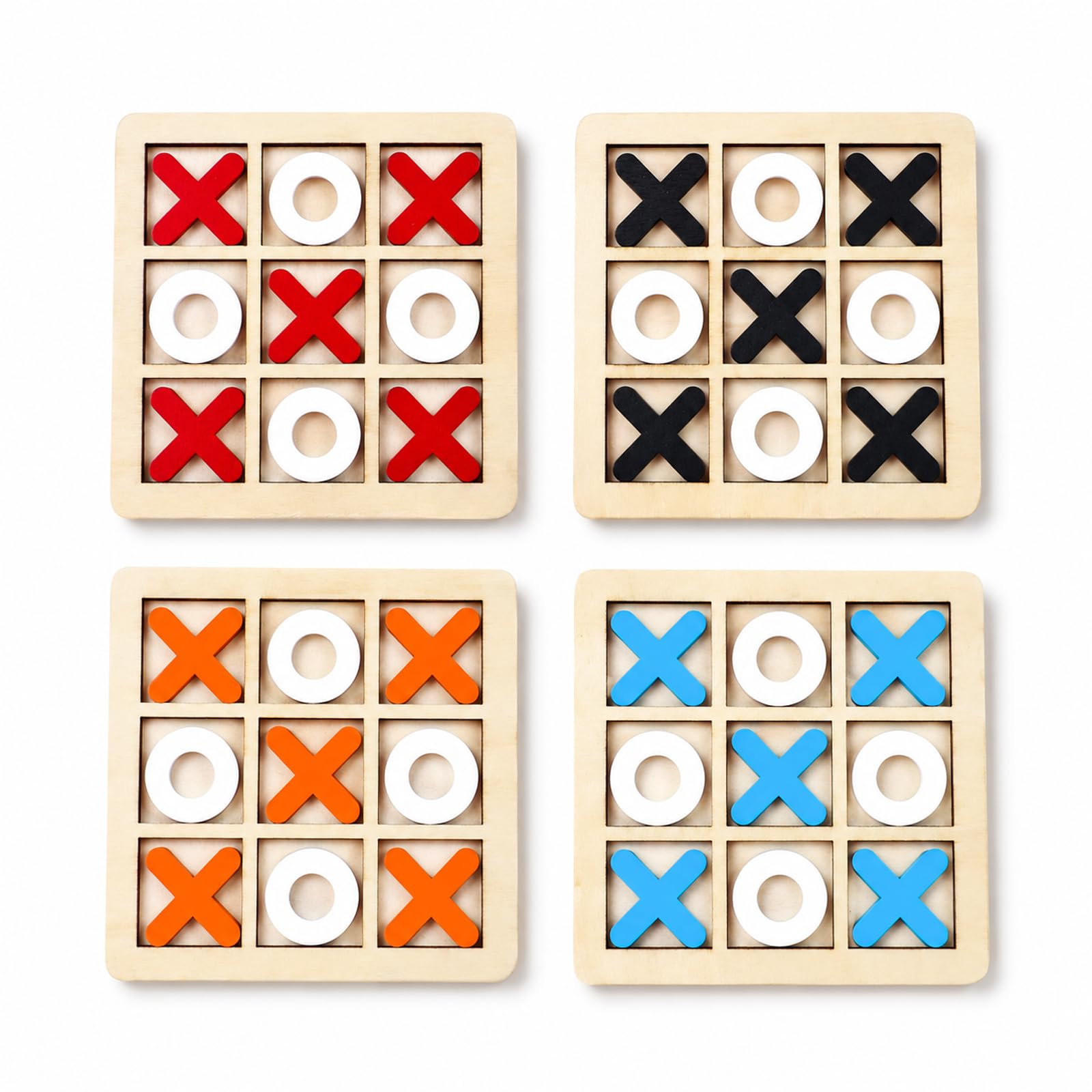 4 Pcs Wooden Tic Tac Toe Game Classic Family Board Game Mini Travel XO Chess Noughts and Crosses Strategy Game Set Birthday Party Favors Kids Adults Assorted Colors
