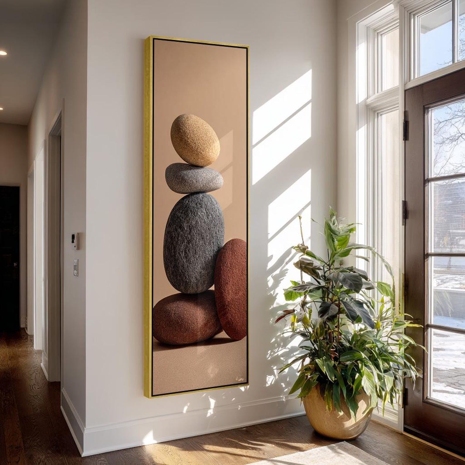XINBAO Pionowy obraz ścienny długa cienka dekoracja kamienna minimalistyczna wysoka smukła grafika druk na płótnie w neutralnych kolorach (55 x 110 cm / wewnętrzna rama)