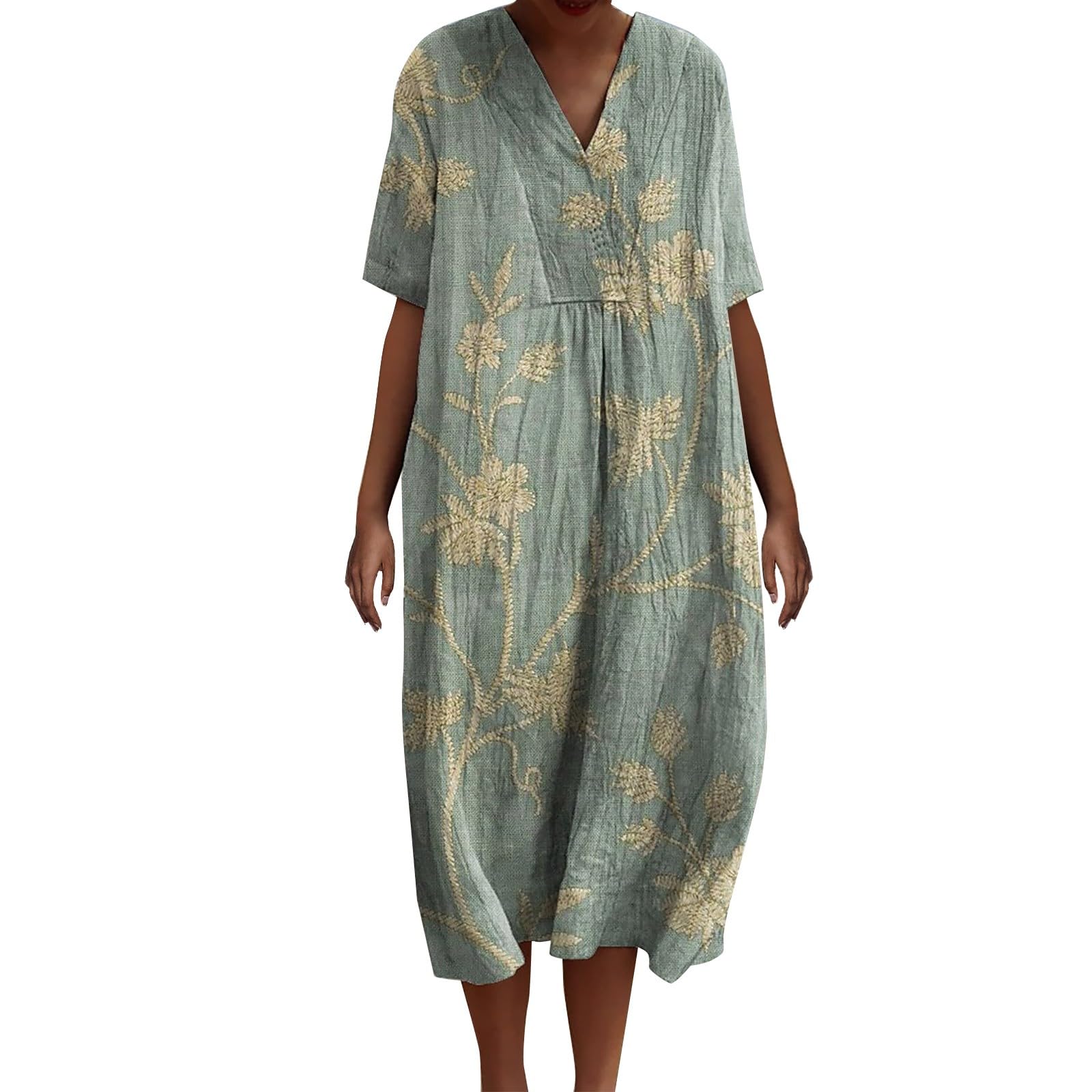 Generic Vestido de verano largo para mujer, vestido largo de lino para mujer, vintage, estampado floral, vestido de playa, cuello en V, tallas grandes, vestido maxi de lino, vestido bohemio, vestido informal