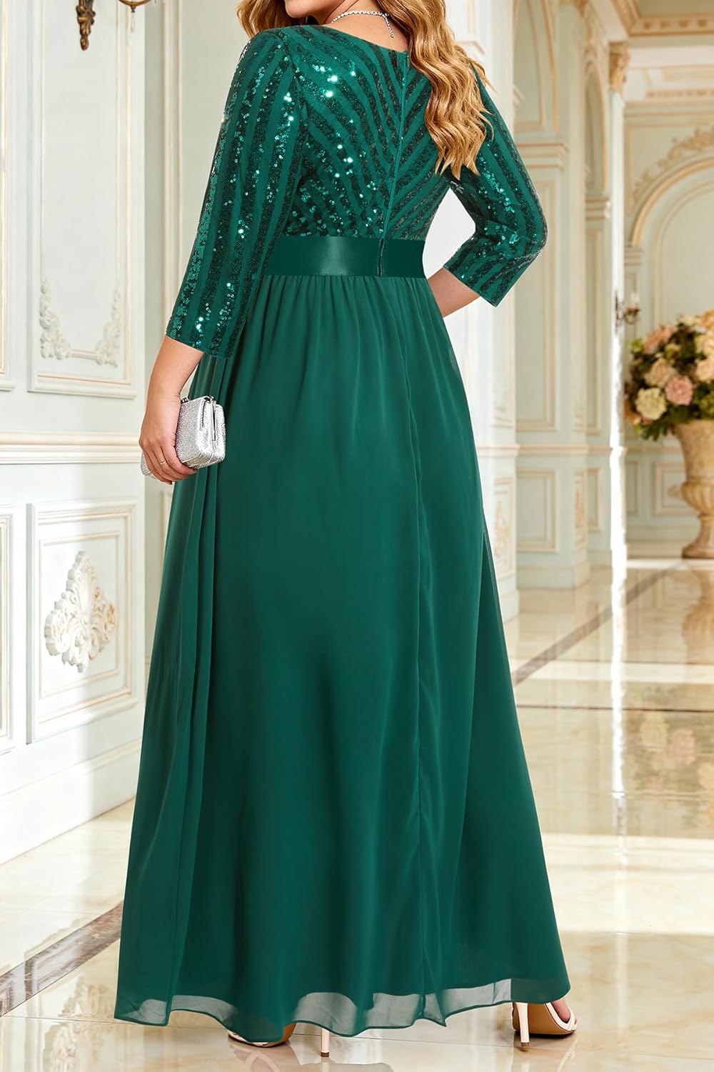 Womens Plus Size Formal Dresses - V Neck 3/4 Sleeve Sequin Prom Evening Gowns Long Maxi Dress - Image 2