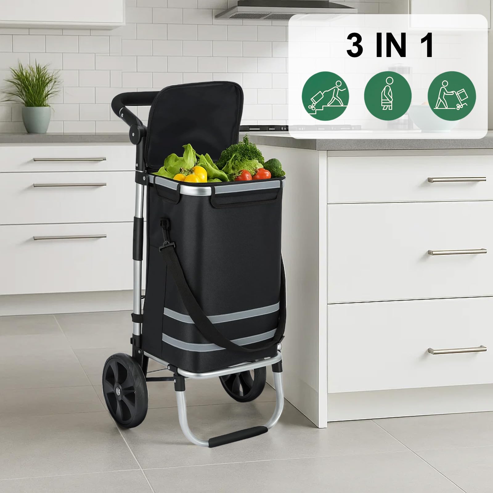 Einkaufstrolley 64 L, klappbarer Einkaufswagen mit Aluminiumrahmen, bis 60 kg Tragkraft, große Rollen & höhenverstellbarer Griff, Faltbare Einkaufstasche mit Kühltasche