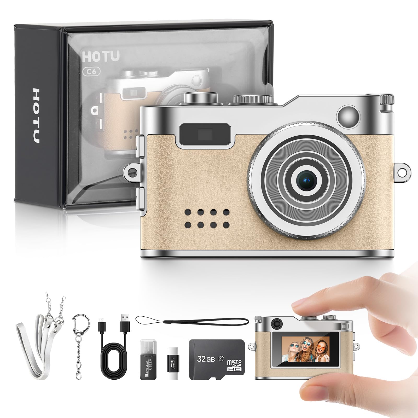 HOTU Mini Digital Camera, Keychain Camera 1080P HD with 2MP Lens, Flash, Video Recording, 32G Card Included, Portable and Compact Retro Vlog Camera for Travel, Kids, Beige