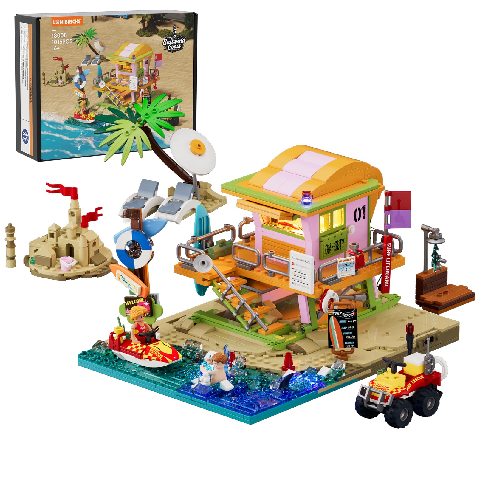 Beach Lifeguard Tower Lighting Building Bricks Set - 1015 Pcs Road Trip Lifeguard Tower L…