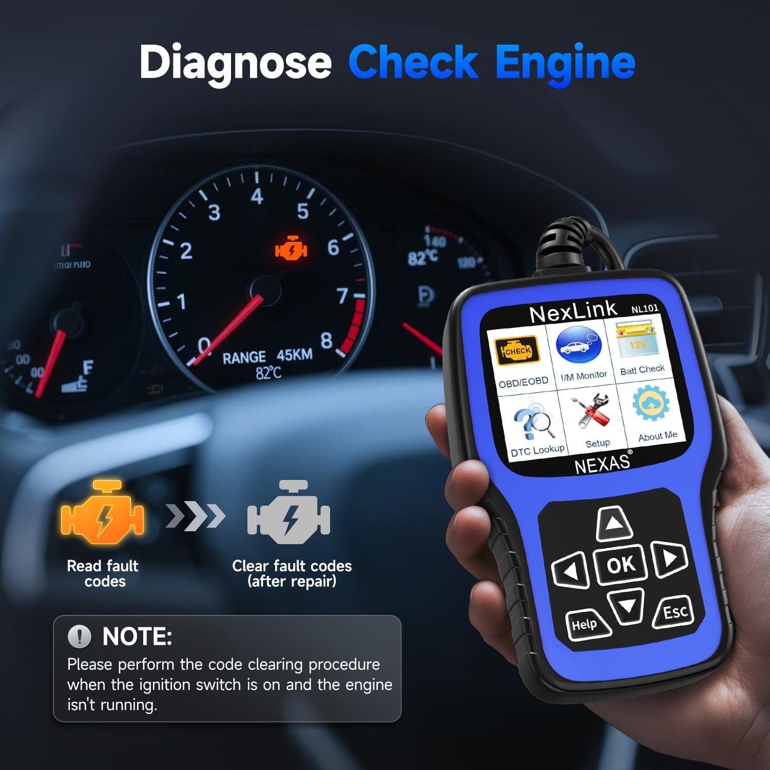 NEXAS NL101 OBD2 Scanner with Battery Tester - Check Engine Code Reader, Car Diagnostic Scanner with Live Data, Freeze Frame, I/M Readiness for All US Vehicles Since 1996