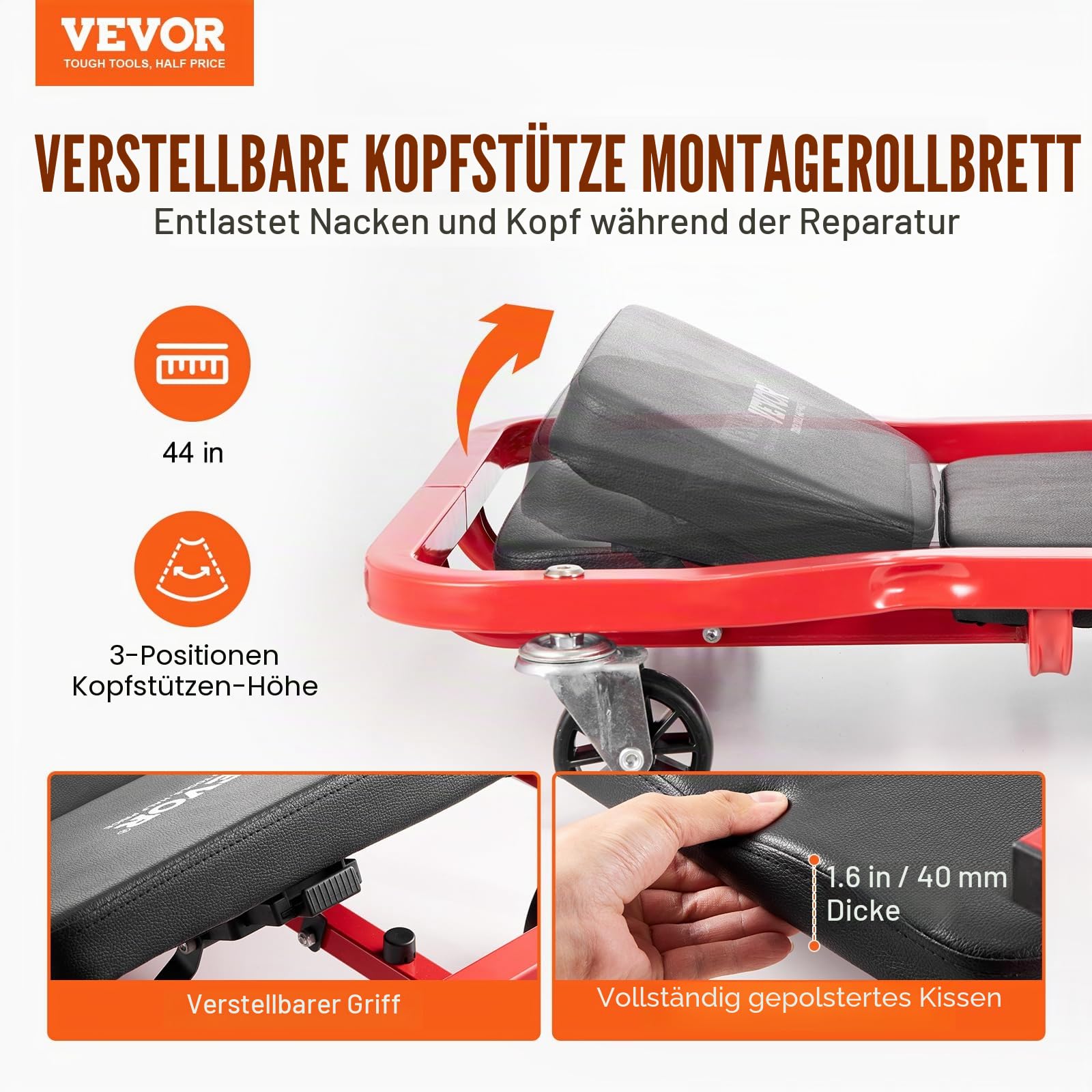 VEVOR Montagerollbrett Werkstatt-Liegewagen 1118 mm, 136 kg Tragkraft Rollbrett für Mechaniker, für Kraftfahrzeuge mit 6 Lenkrollen, Verstellbarer gepolsterter Kopfstütze, Werkstattliege Garagen