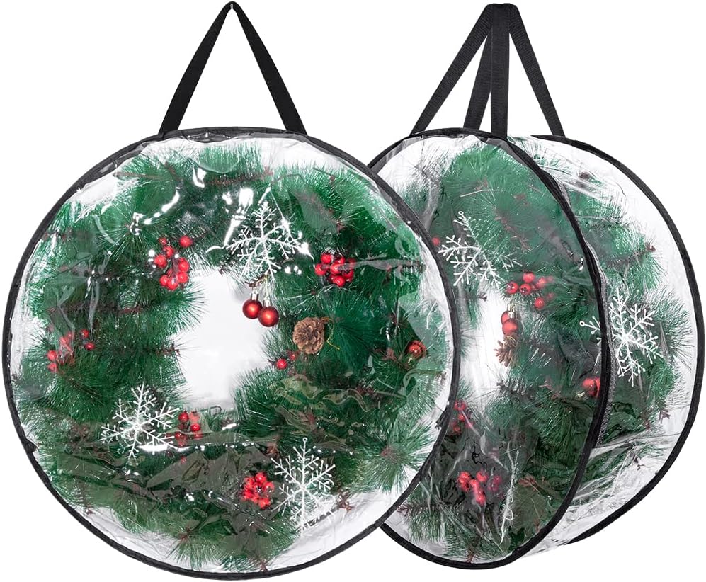 2-Pack Christmas Wreath Storage Container 24'', Clear Wreath Storage Bags with Dual Zippers for Xmas Seasonal Thanksgiving Holiday Artificial Wreath Storage
