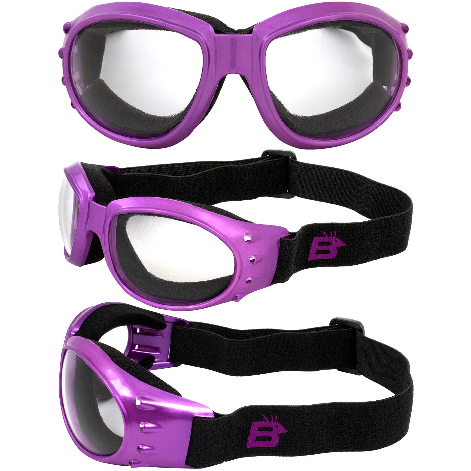 Birdz Eyewear Eagle Lot de 3 paires de lunettes de moto rembourrées en mousse Violet fumé transparent et violet ReflecTech