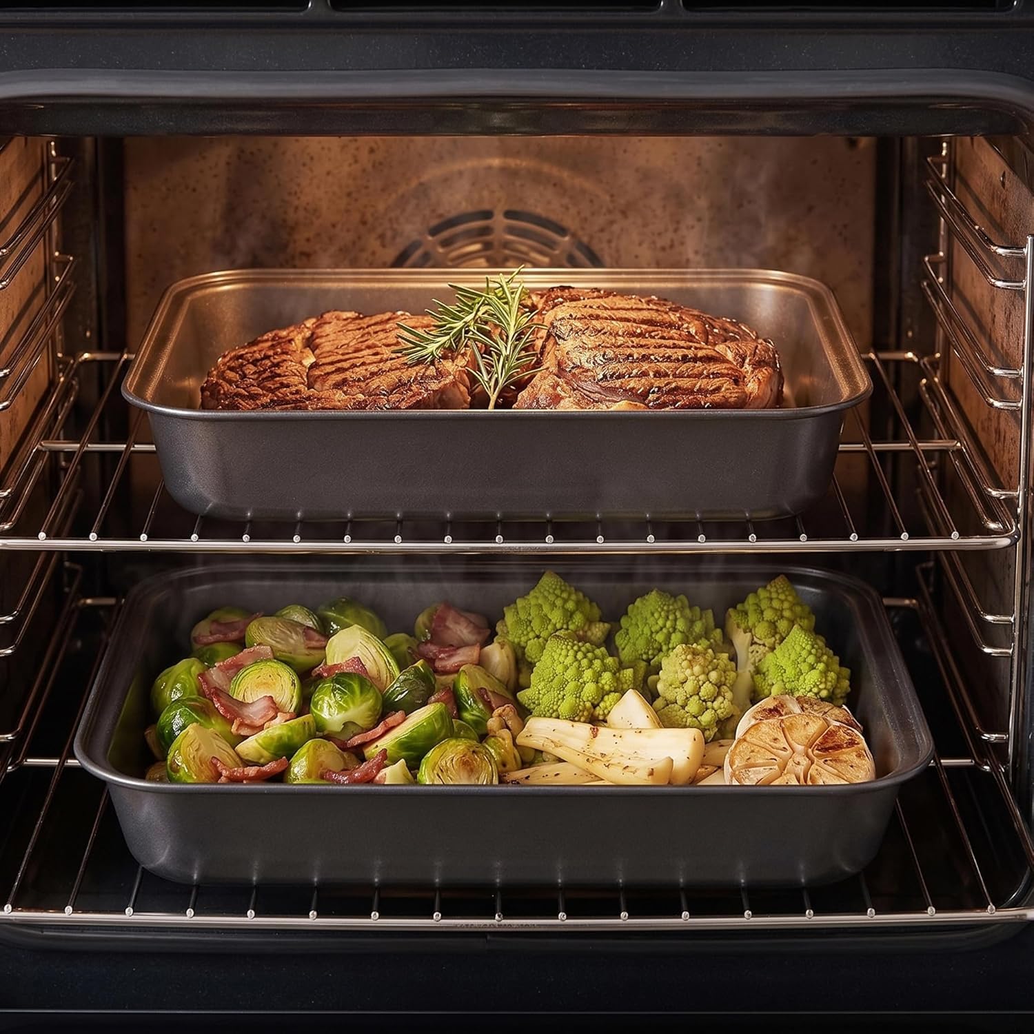 JPF - Set di 2 Teglie da Forno con Rivestimento Antiaderente - Lasagnera - Rostiera Rettangolare in Acciaio