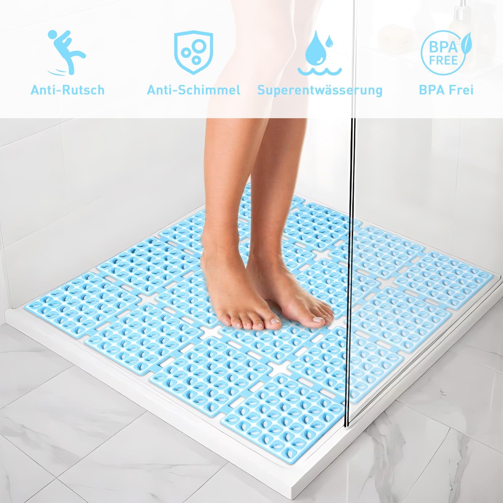 Tappetino da doccia antiscivolo 60x60cm, sottovasca con ventose per doccia o vasca da bagno, tappetino antiscivolo pieghevole e tagliabile per doccia (Blu, 60 x 60 cm)