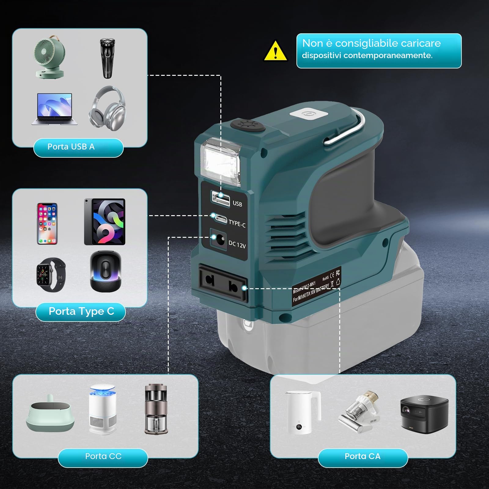Inverter per batteria Makita da 18 V, DC 18 V a AC 220 V, adattatore con connettore USB Type-C DC12 V e presa AC e lampada LED, unità di emergenza per campeggio