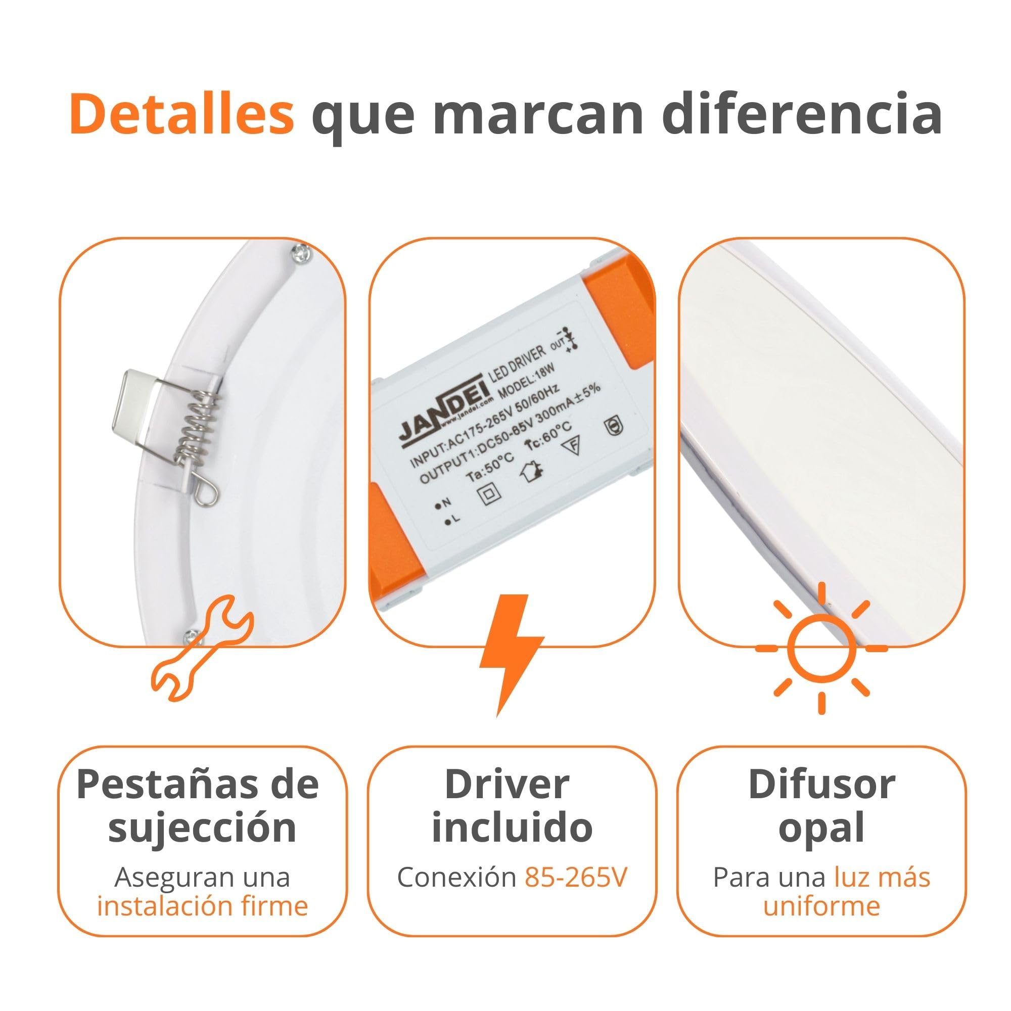 Jandei – Pack x 5 Downlights LED Empotrable Redondo, 18W, 1500 Lúmenes, Extraplano 13 mm, Orificio de Montaje Ø200-205 mm, con Transformadores Incluidos (Blanco Frío 6000k)