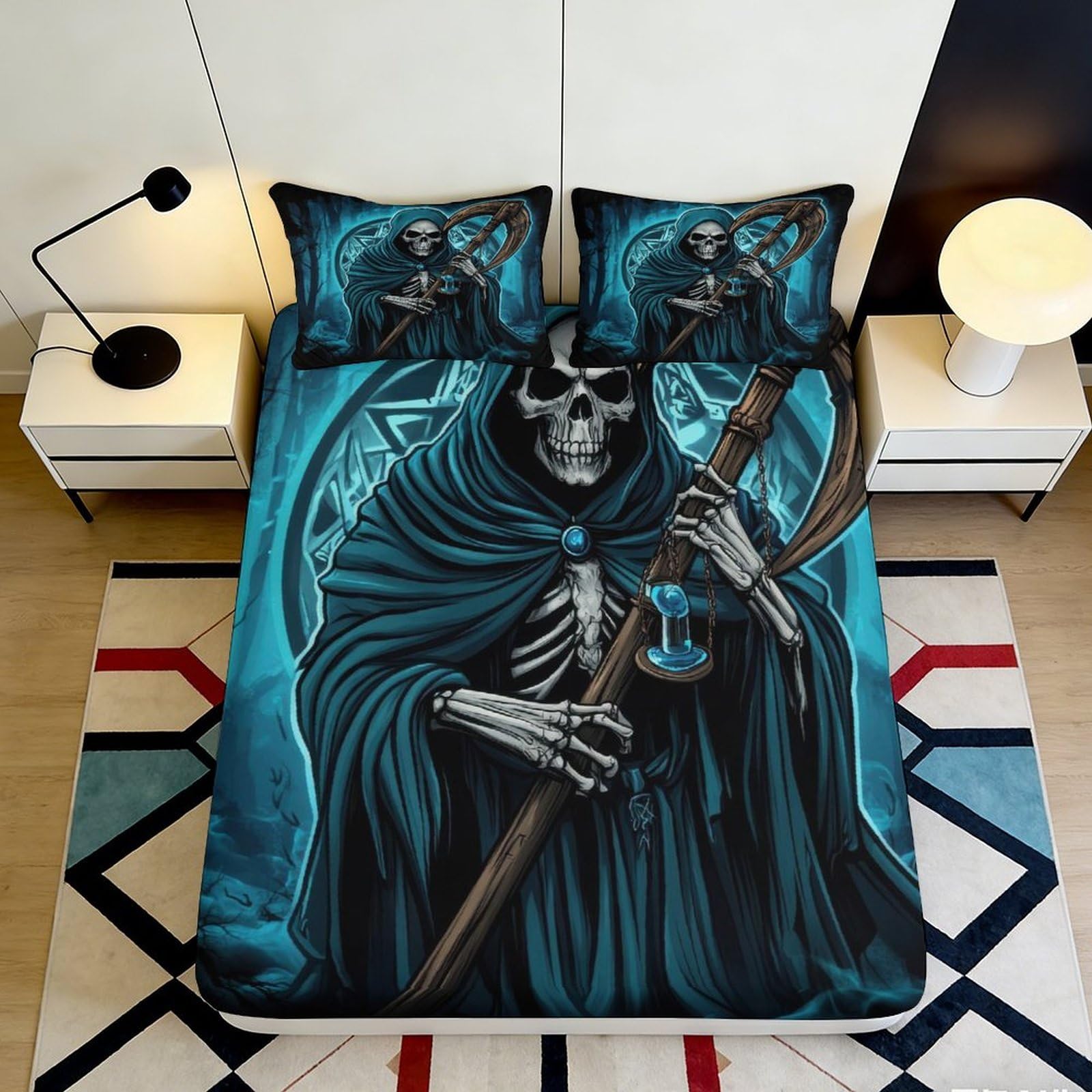 3D Printed Grim Reaper Fitted Sheet Microfiber Soft Blue Skull Bed Cover for Bedroom Dorm Protection Decor 90x200x25cm