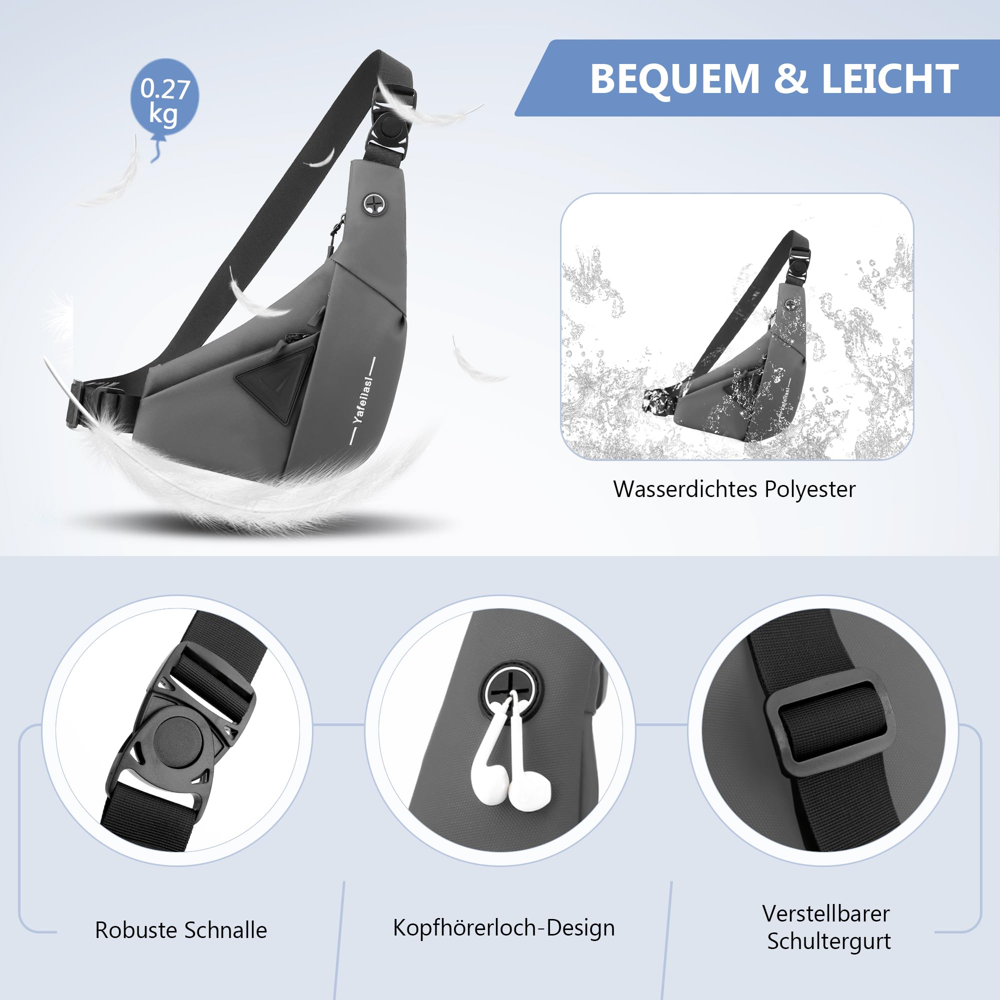 VARLIVOO Brusttasche Herren, wasserdichte Anti Diebstahl Umhängetasche, Kleine Leichte Schultertasche für Herren zum Reisen, Wandern und Alltag Grau A