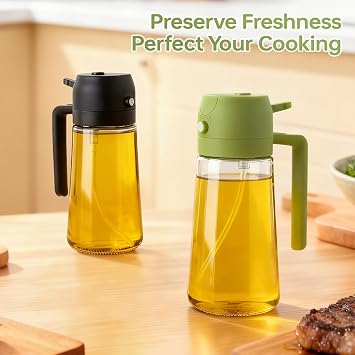 2Pack Glass Oil Sprayer for Cooking 16oz/470ml, 2 in 1 Oil Dispenser with Label Stickers & Portion Control, Kitchen Gadget for Air Fryer, Salad, BBQ, Frying(Black+Green)