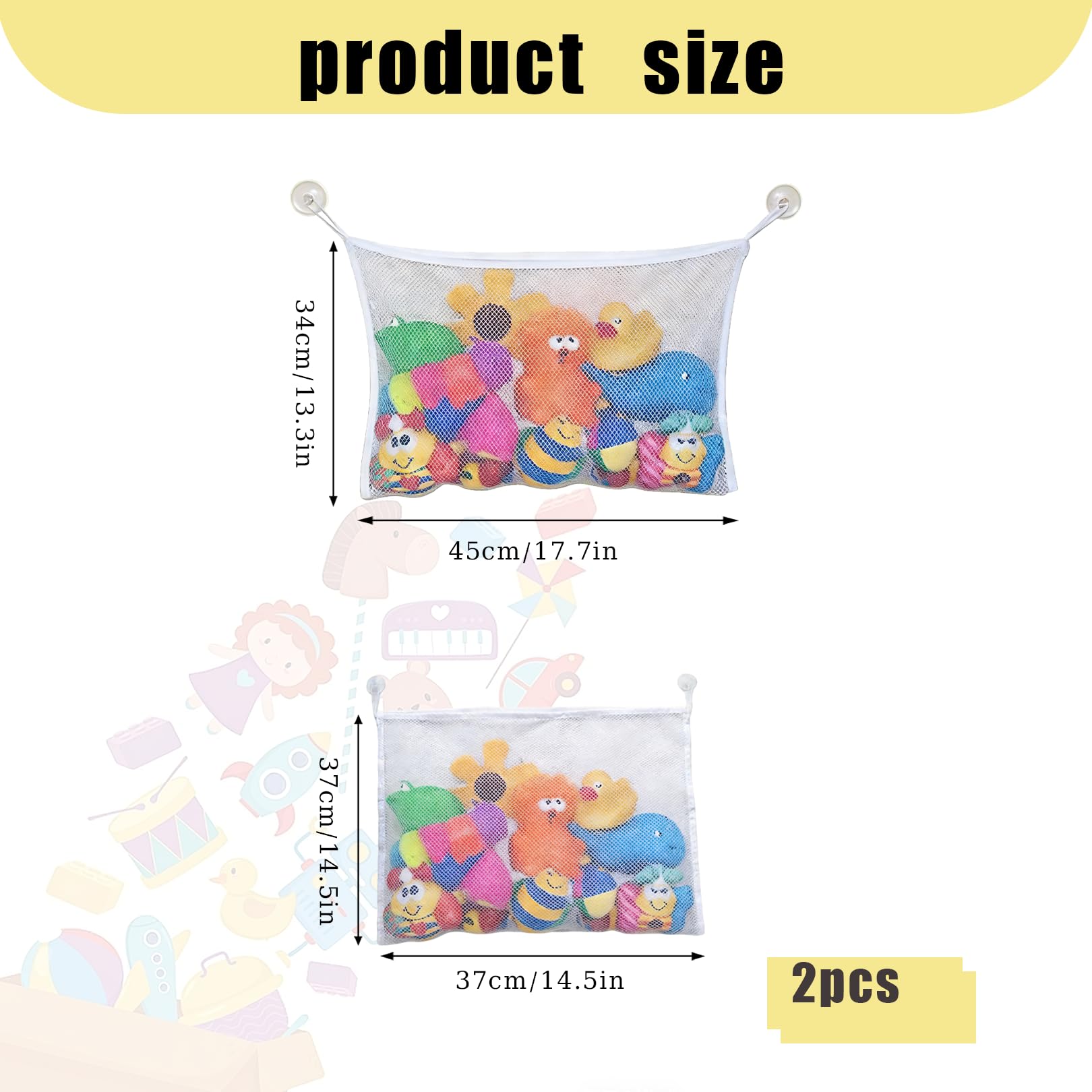 2PCS Bath Toy Storage,2 Sizes Bath Toys Net With Suction Cup,Foldable Bathtub Toy Holder for Kids Multi-use Organizer Bags Mesh for Bathroom Shower Supplies Organization Anti Mould Keep Dry (White) - Image 2