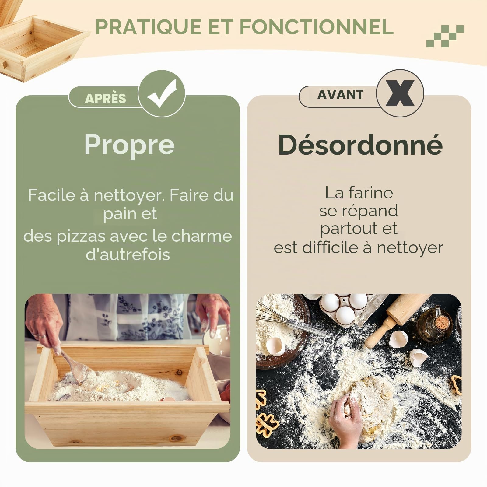 Juexica Tradition Boîte à pizza en bois avec poignée de couvercle 40,6 x 33 cm pour la cuisine, la fabrication de pizzas faites maison, accessoires de rangement, naturel