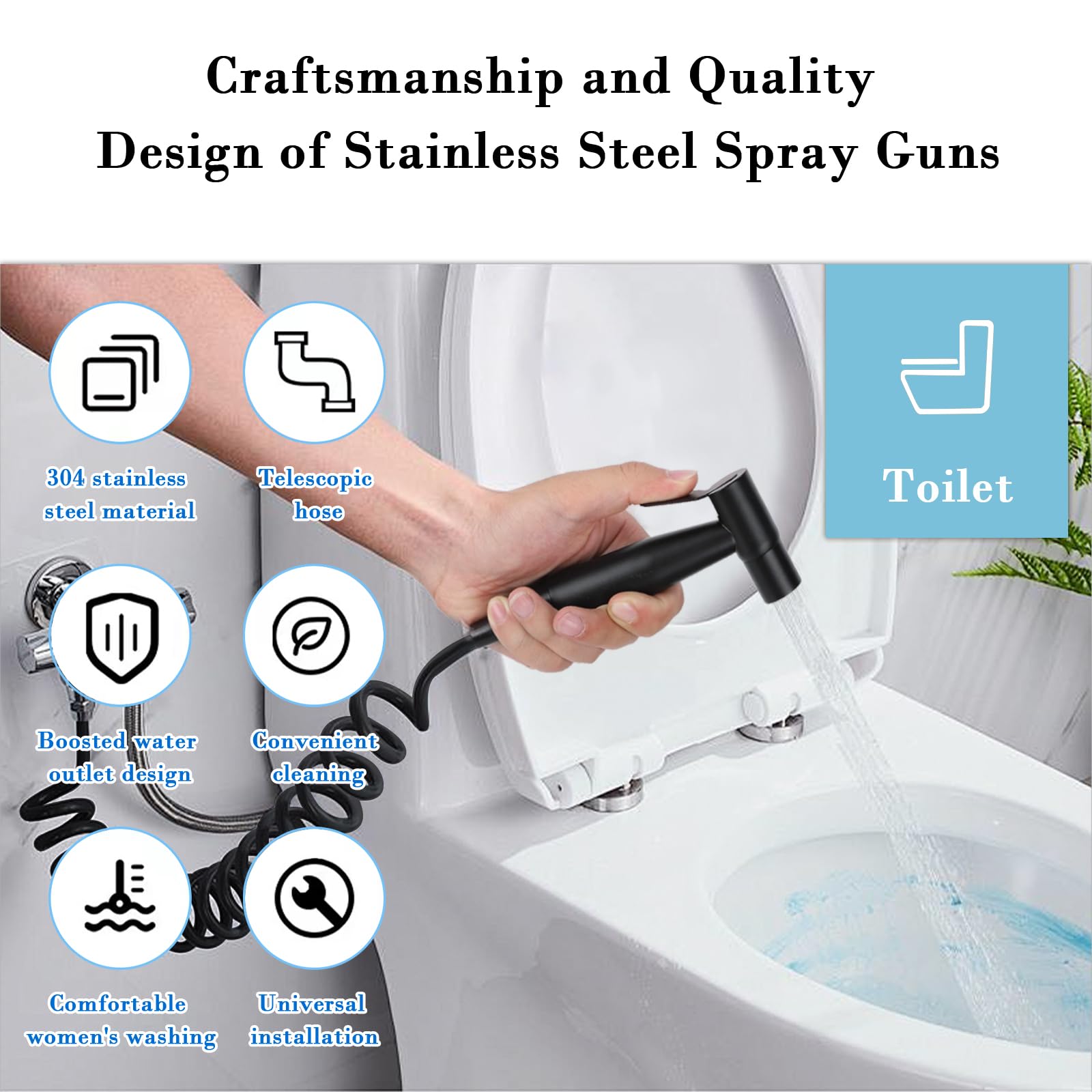 Doccetta WC Con Gancio - Kit Bidet Portatile In Acciaio Inox, Tubo 2 Metri, Nero - Foto 3