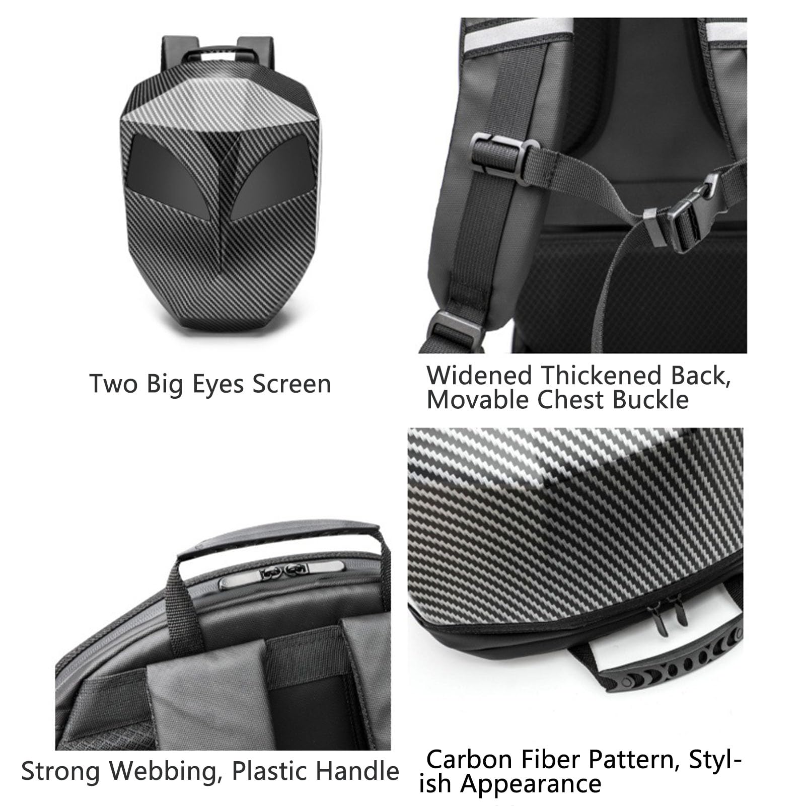Luocute Programmierbarer LED-Rucksack, Erweiterbare wasserdichte Hartschalen-LED-Laptoptasche für Reisen, Motorradfahren, USB-betriebene Helm-Aufbewahrungstasche