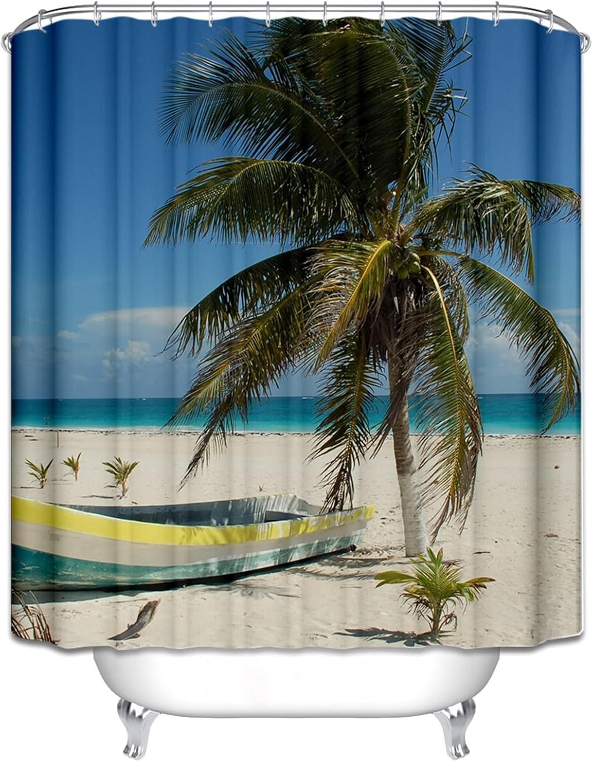 Rideau de Douche Anti Moisissure Palmier, Rideau de Bain Hawaï 3D Rideaux de Douche en Polyester, Imperméable, Lavable en Machine, avec Crochets, 300 x 200 cm 9582-ZUA