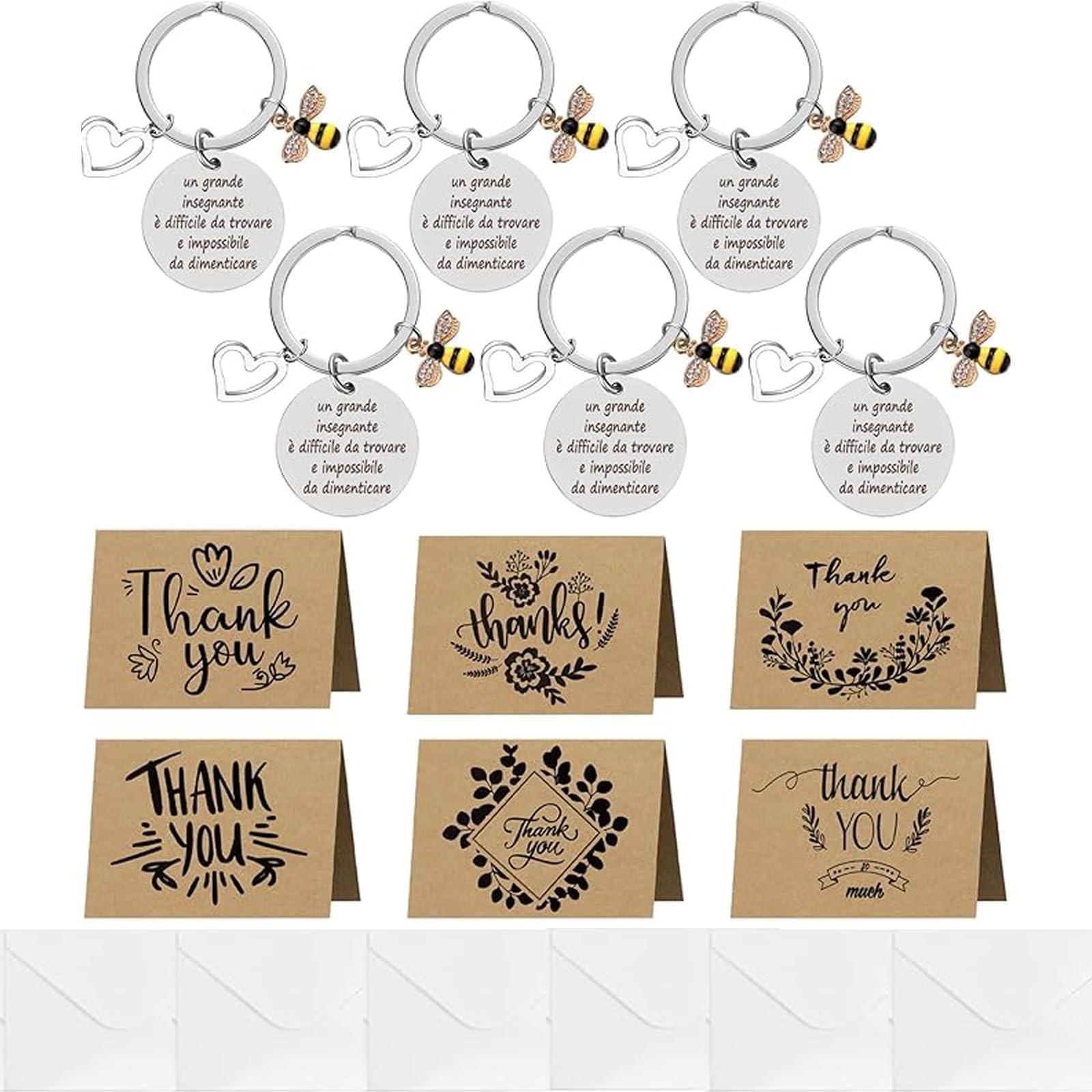 AZIDWJN 6 Pcs Thank You Cards with Keyring Inspirational Bee Keychain and Greeting Cards with Envelopes Rainbow Keychains for Teacher Nursery Thanksgiving