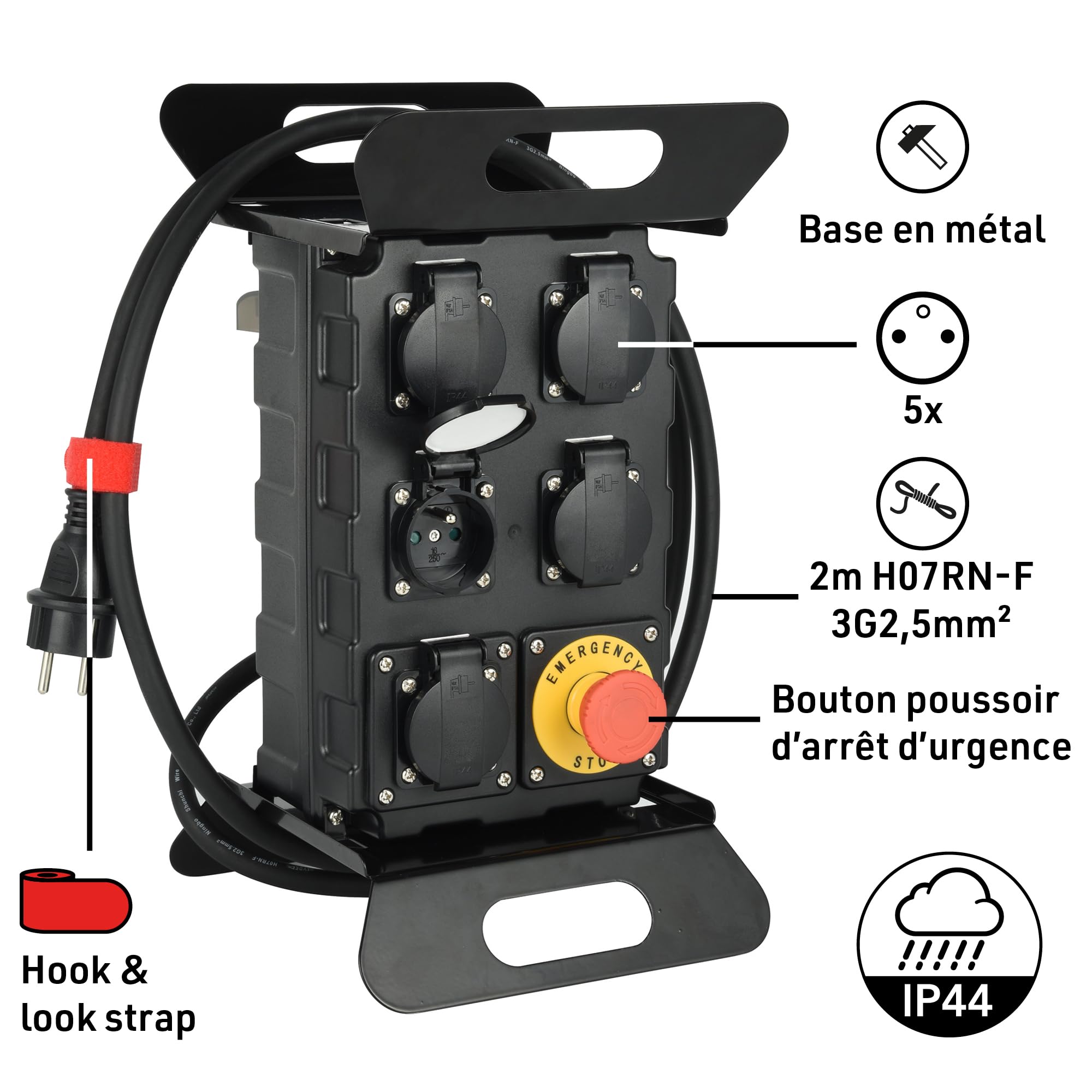 Electraline 60427 Coffret de Chantier 16A, 5 Prises Françaises IP44 16A, avec Disjoncteur Différentiel 30mA et Bouton Poussoir d'arrêt, Cable H07RN-F 3G2.5mm Longueur 2M