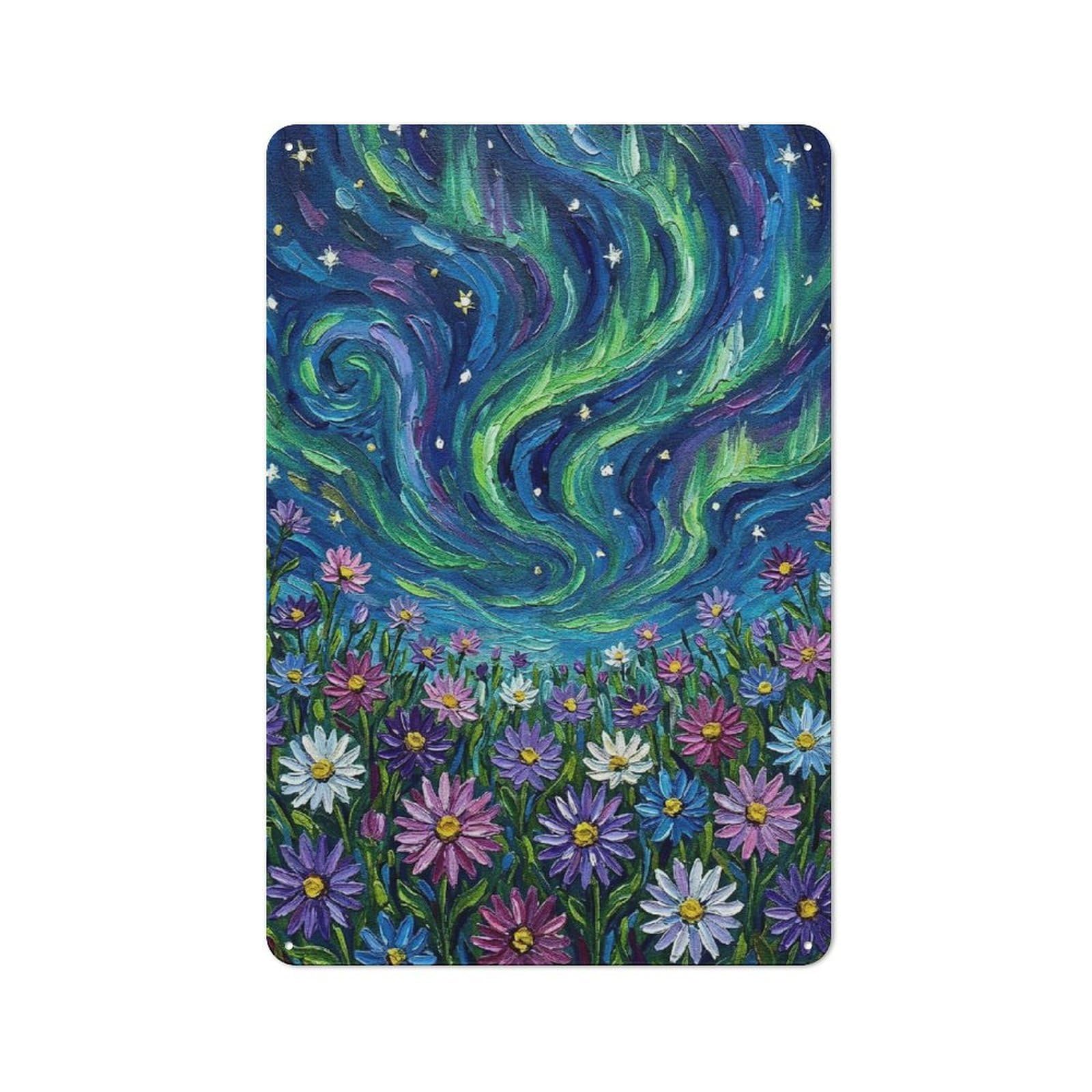Metal Plaque with Aurora Borealis over Flower Field Painting Design 30x20cm, Rustic Cafe Wall Decor for Restaurant, Kitchen, Counter Or Breakfast Nook