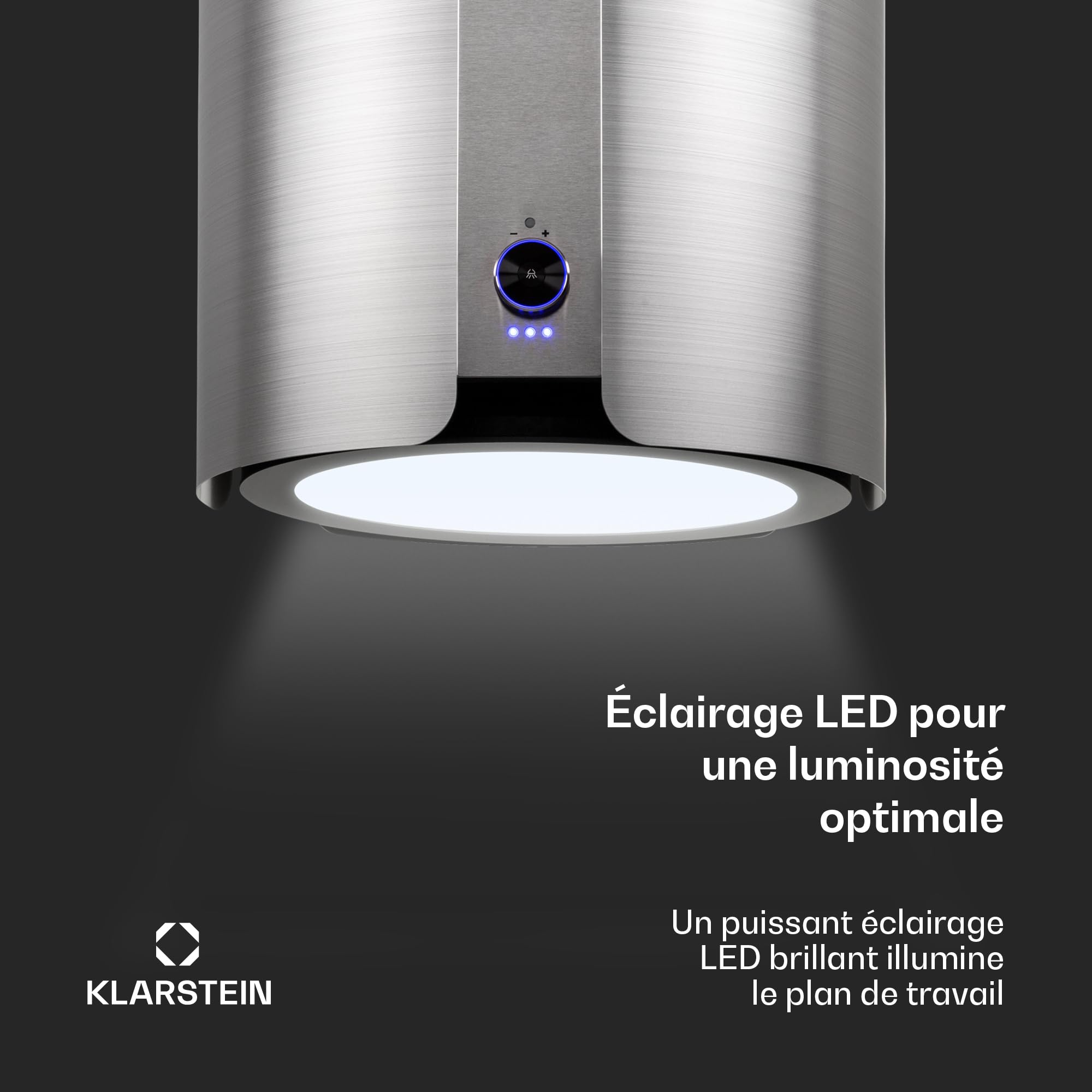 Klarstein Skyfall Smart Hotte d'aspiration - hotte aspirante suspendue, à recyclage/à évacuation, commande par app et par gestes, 45 x 42 cm (Øxl), 402 m³/h, 200 W, 3 vitesses, éclairage LED, argent