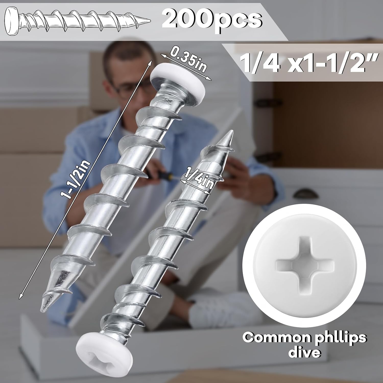 Blulu 200 Pcs Drywall Anchors 1/4 x 1-1/2 Inch Pan Head Alloy Steel Light Wall Anchors Heavy Duty Self Drilling Screws for Drywall, Wood and Other Masonry Materials(White)