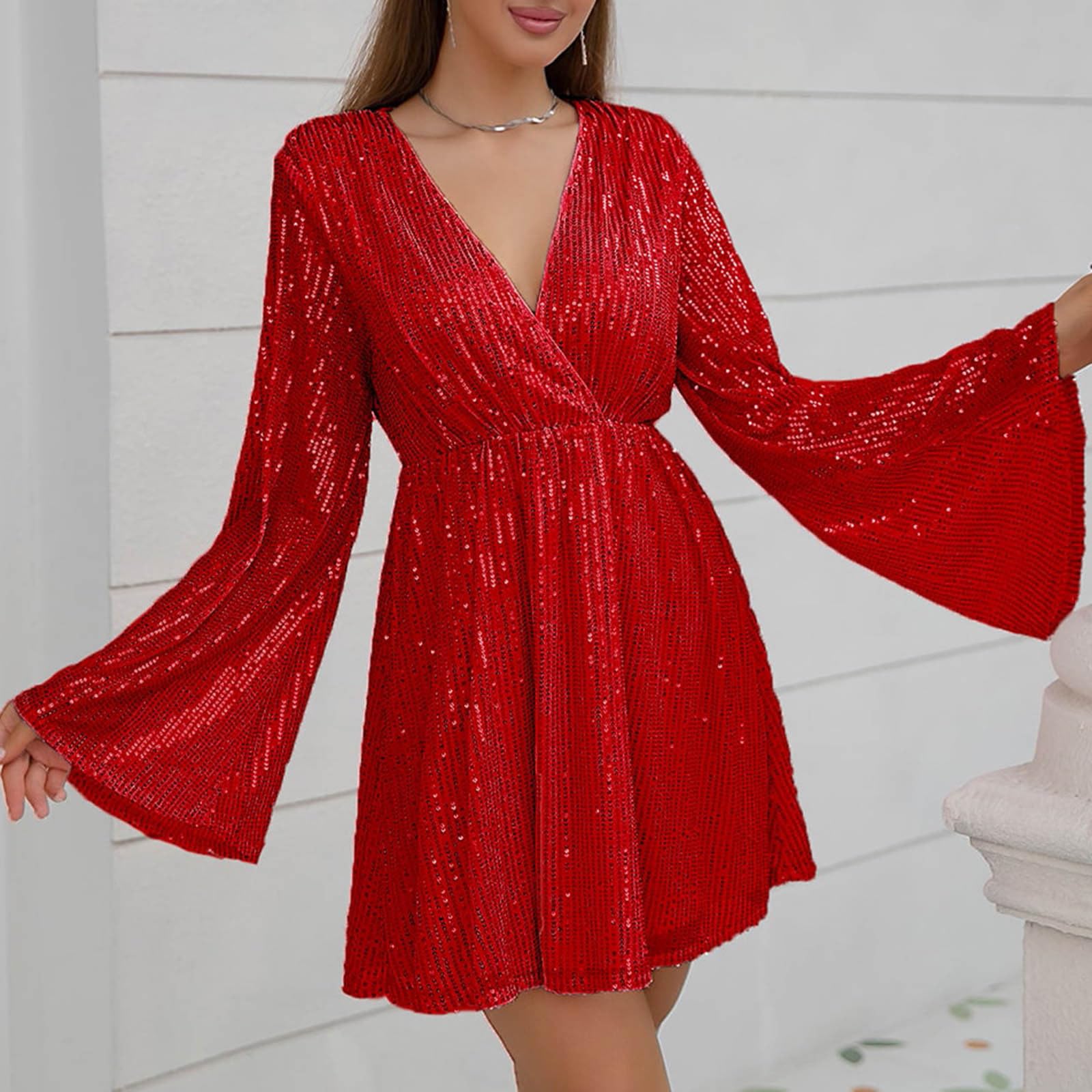 HAOLEI Abito da Donna con Paillettes Mini Vestiti Maniche Lunghe Donna in Pizzo Abito a Vita Alta Abiti in Paillettes Abiti a Maniches-Lunghes Vestito da Cerimonia Donna Formale
